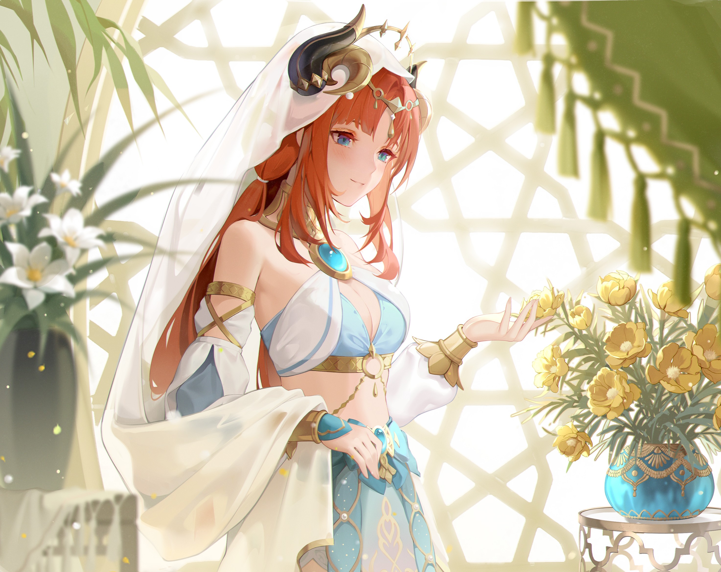 Anime 2947x2339 anime girls Minzu u Nilou (Genshin Impact) Genshin Impact cleavage horns no bra redhead video games blue eyes smiling flowers leaves vases blushing long hair