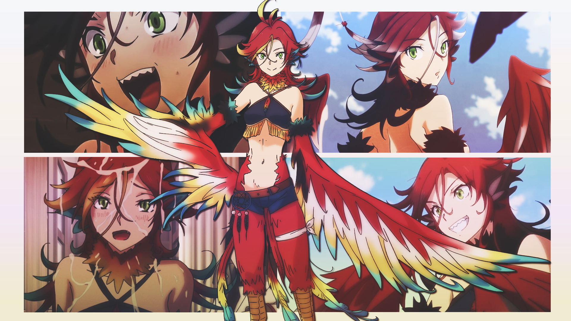 monster girl, looking at viewer, smiling, standing, multi-colored hair,  anime, collage, DinocoZero, anime girls, Monster Musume no Oisha-san,  colorful, blushing, feathers, clouds, sky