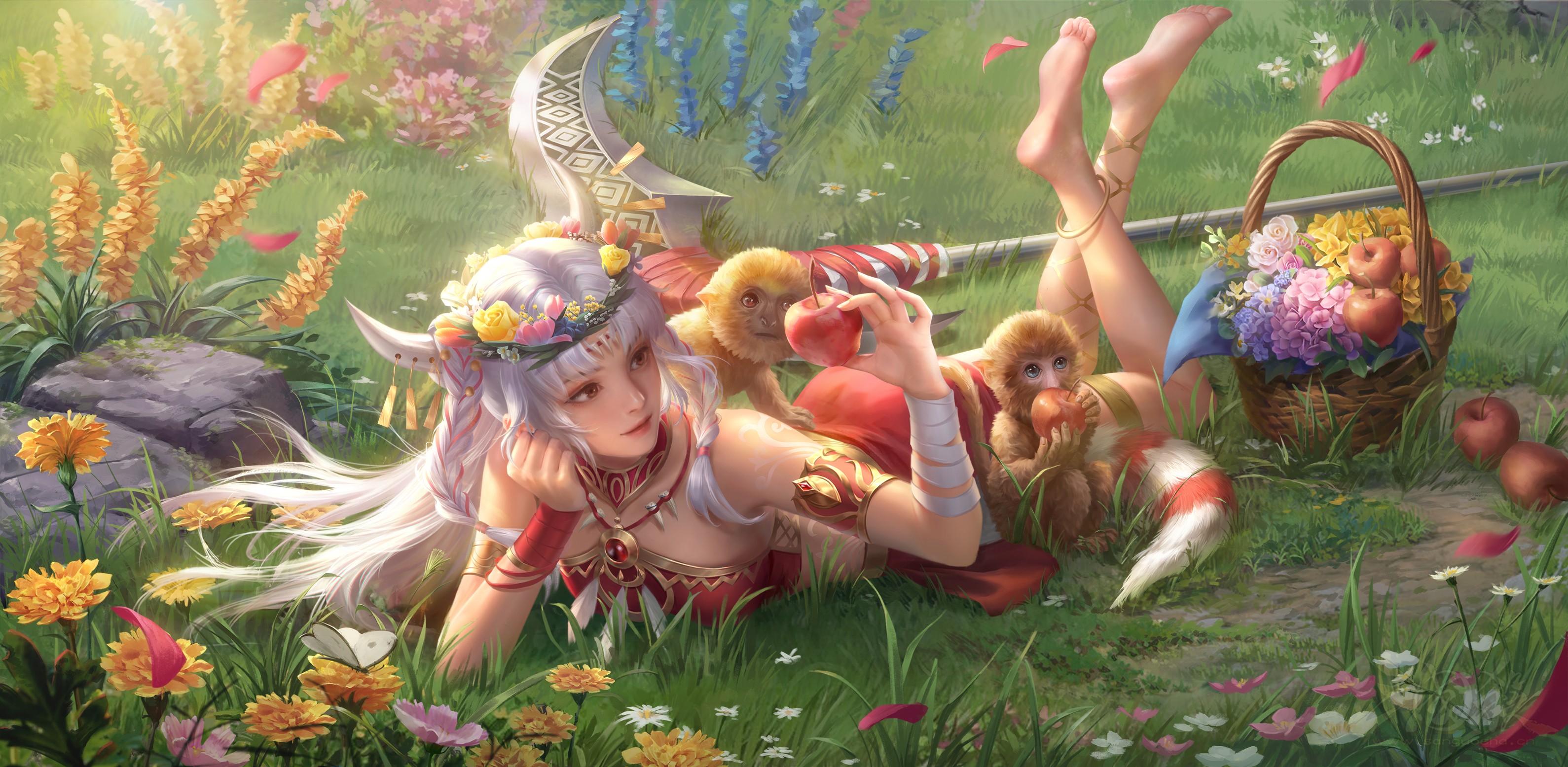 General 3179x1555 Three Kingdoms sanguosha apples Asian women video game characters video game art grass video games flowers petals feet foot sole feet in the air fruit baskets smiling lying down lying on front