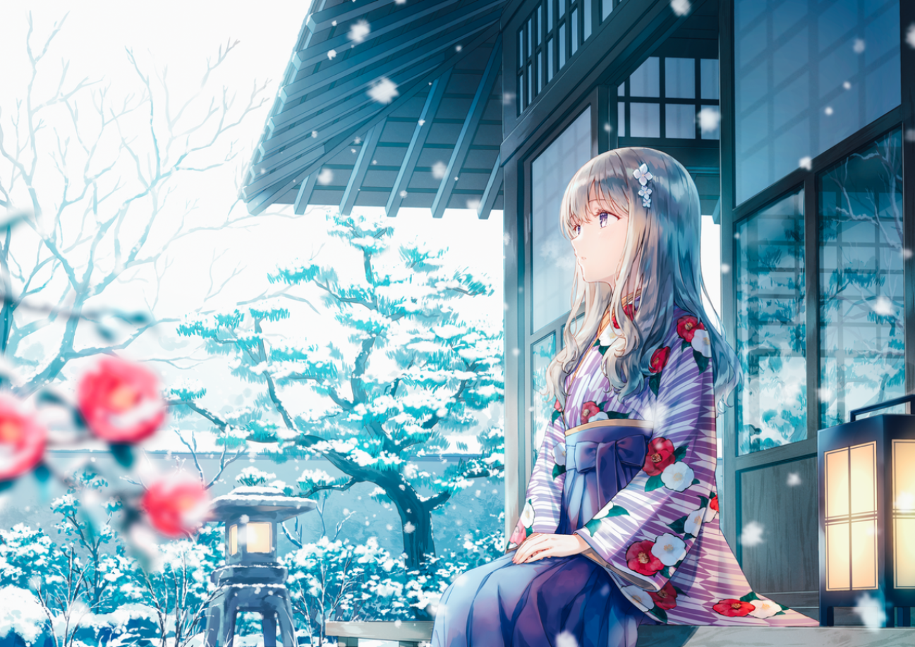Anime 1297x917 anime anime girls Hiten sitting snow kimono long hair looking away trees branch flower in hair flowers