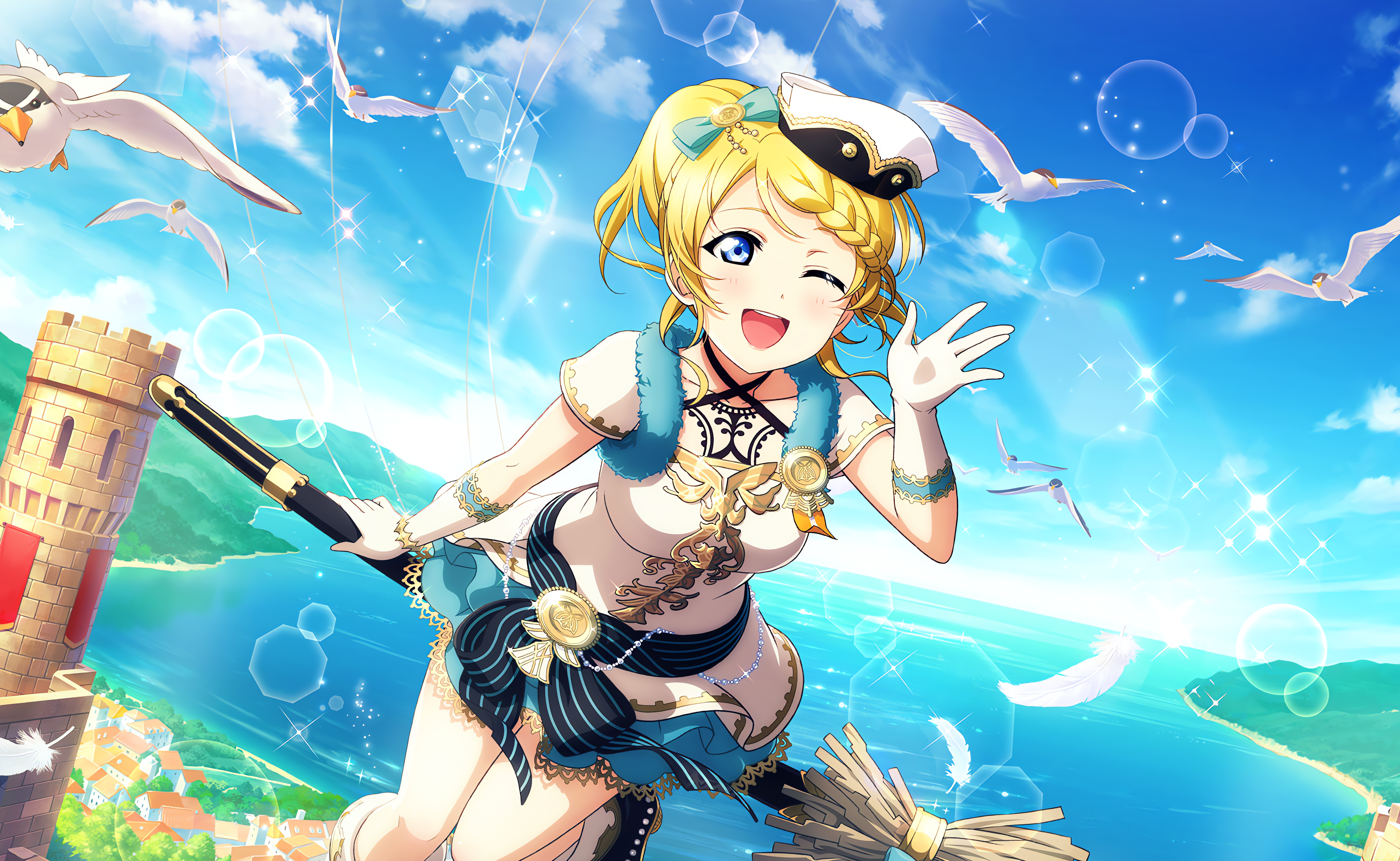 Anime 4096x2520 Ayase Eli Love Live! anime anime girls sky clouds water dress bow tie gloves open mouth braids birds animals stars looking at viewer blonde blue eyes feathers village witch's broom hat waving