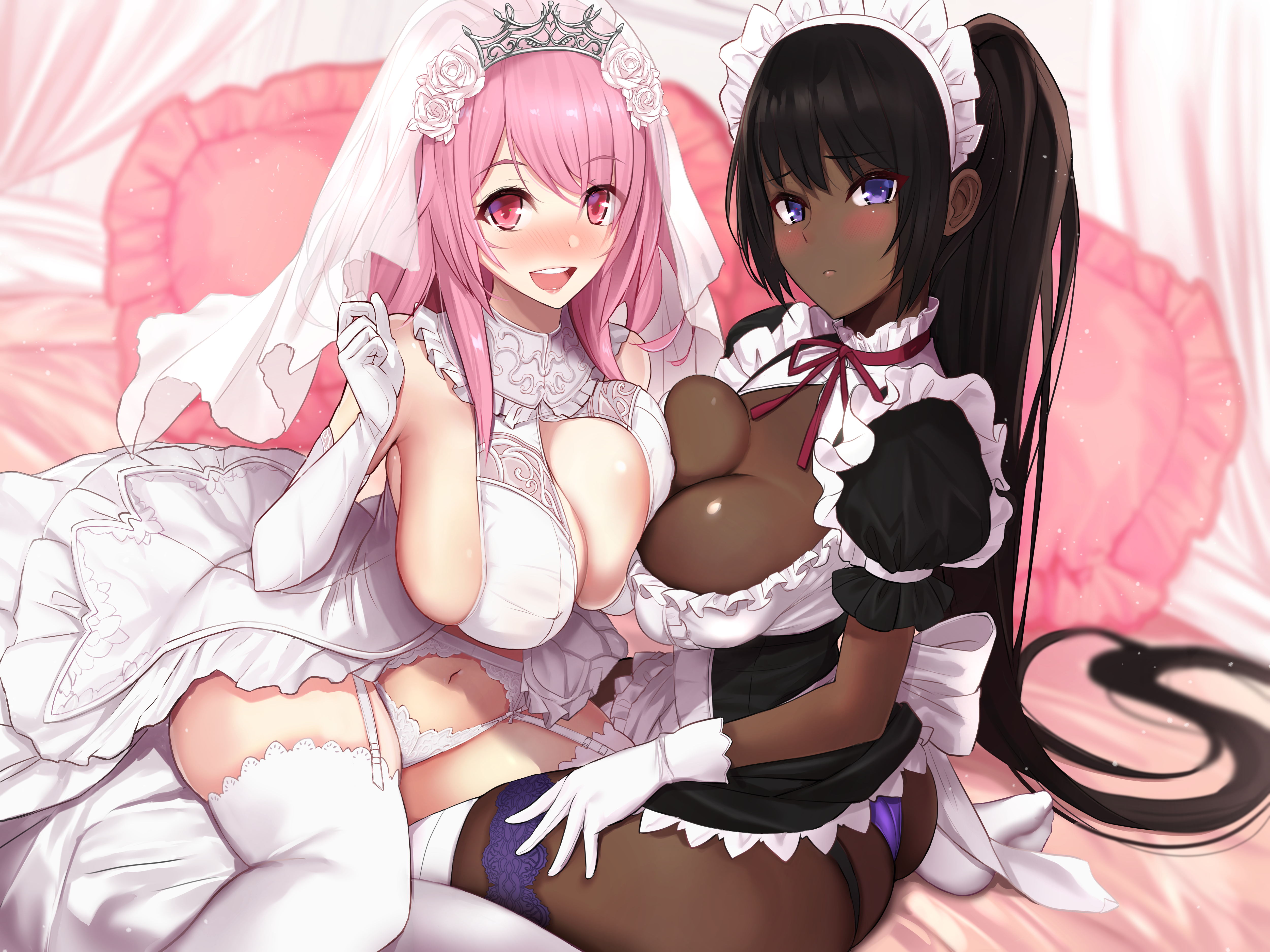 Anime 5000x3750 anime girls two women looking at viewer in bed boobs on boobs maid looking sideways ass wedding dress boobs white dress maid outfit long hair purple eyes white stockings gloves blushing bridal veil bridal gown smiling wedding attire veils Untue bare shoulders dark skin looking back bridal lingerie panties elbow gloves pillow purple panties thong huge breasts cleavage cleavage cutout apron garter straps pink hair pink eyes belly button garter belt underwear pressed boobs tiaras ponytail open mouth black hair headdress women indoors frills