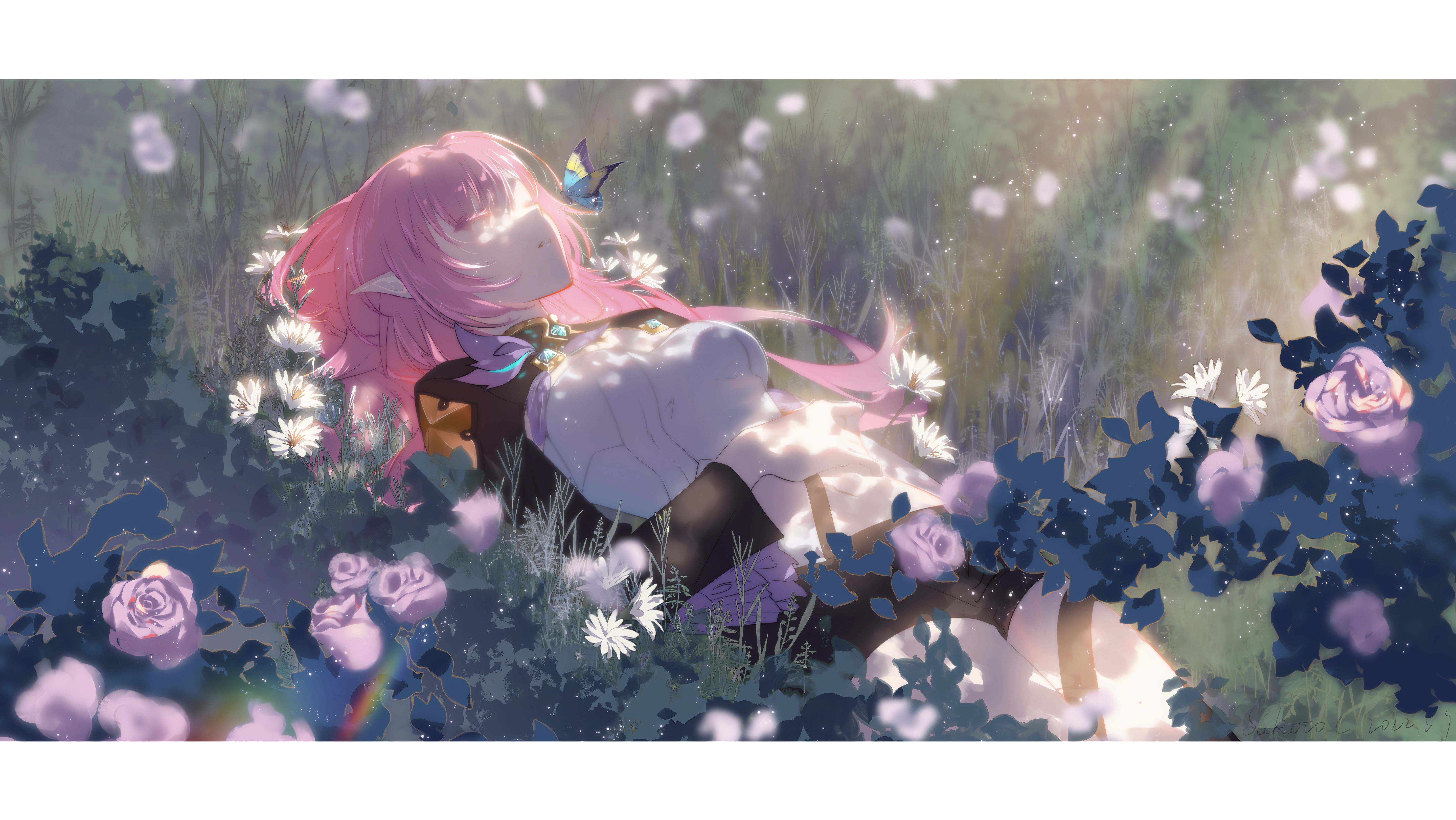 Anime 5760x3244 anime anime girls flowers closed eyes lying down lying on back leaves sunlight butterfly insect Honkai Impact Honkai Impact 3rd Elysia (Honkai Impact 3rd)