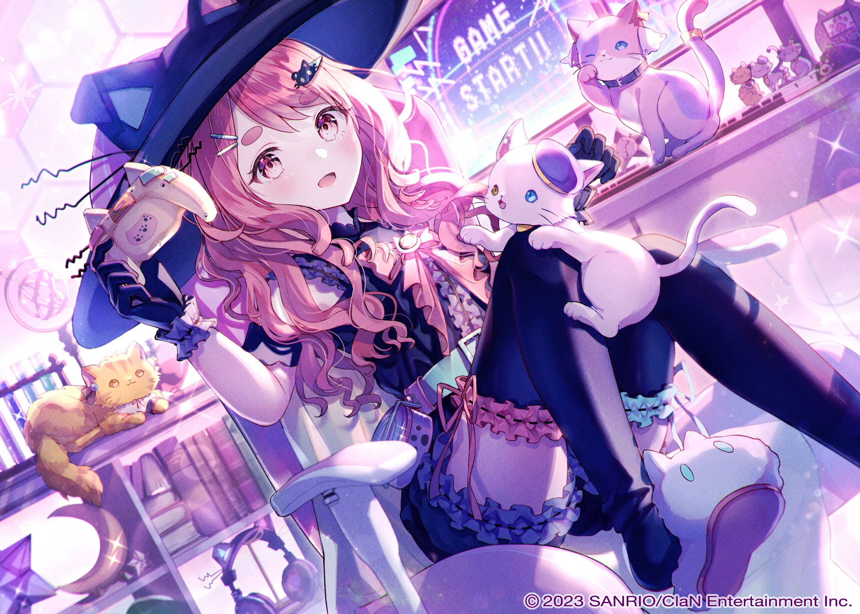 Anime 2915x2082 anime anime girls long hair watermarked pink hair pink eyes gloves cats animals looking at viewer stockings stars hat bow tie heterochromia chair sitting headphones