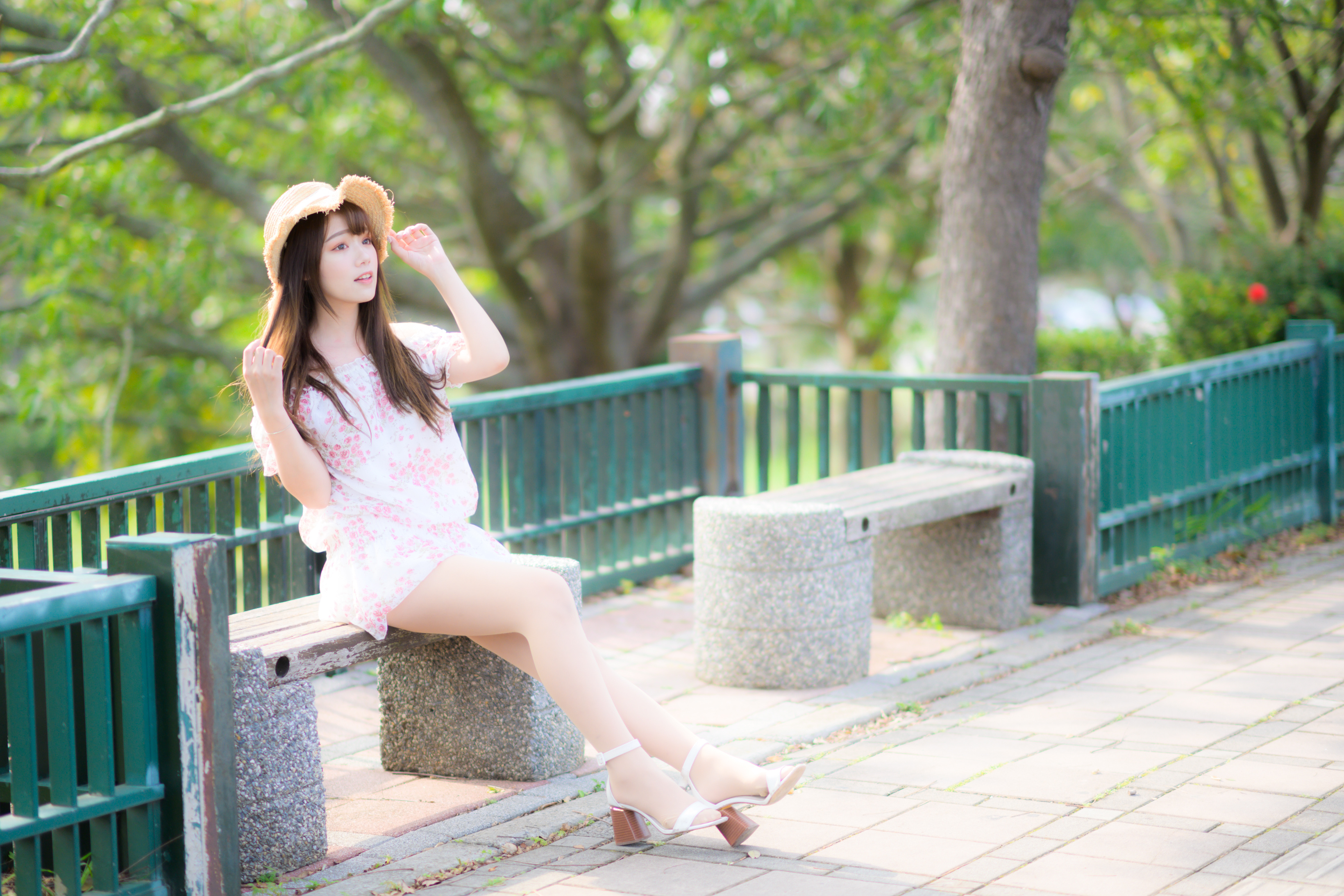 People 3280x2187 Asian model women long hair dark hair sitting depth of field straw hat bench trees Vicky (Asian model)
