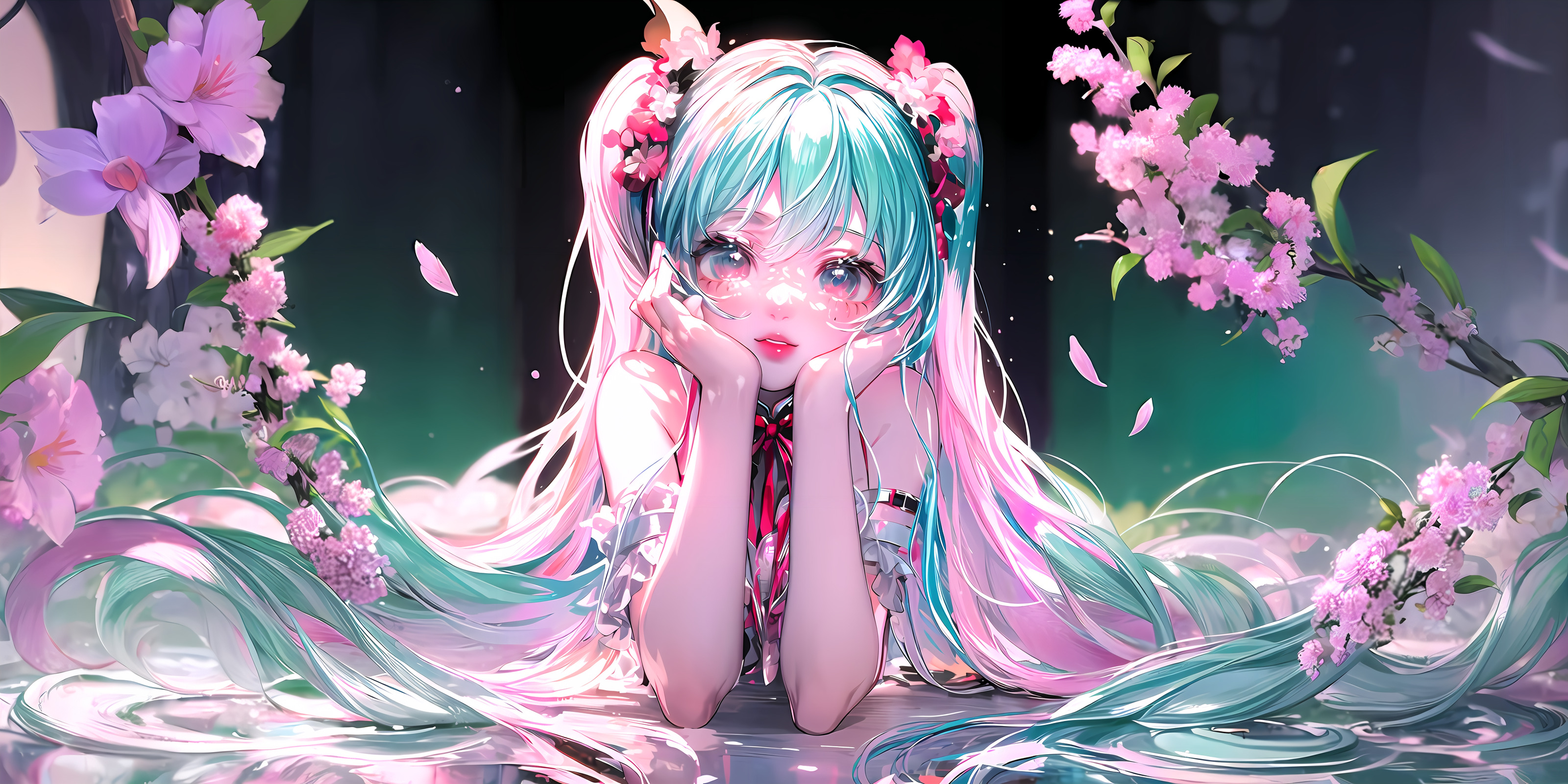 Anime 3200x1600 oil painting AI art Hatsune Miku long hair twintails anime girls digital art flowers petals looking at viewer two tone hair hand on face water leaves