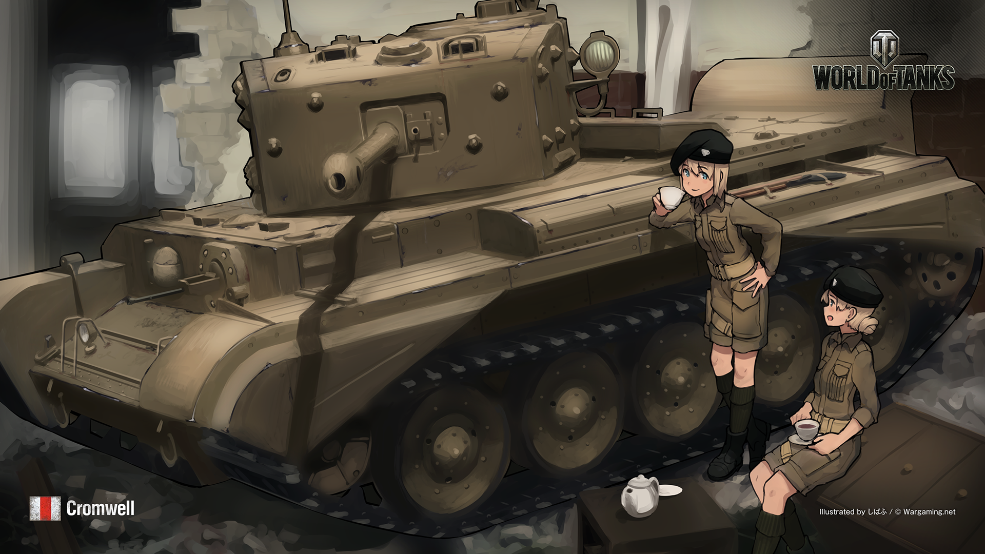 Anime 1920x1080 World of Tanks Kantai Collection anime girls hat military vehicle uniform signature watermarked logo hand on leg smiling cup drink tea teapot