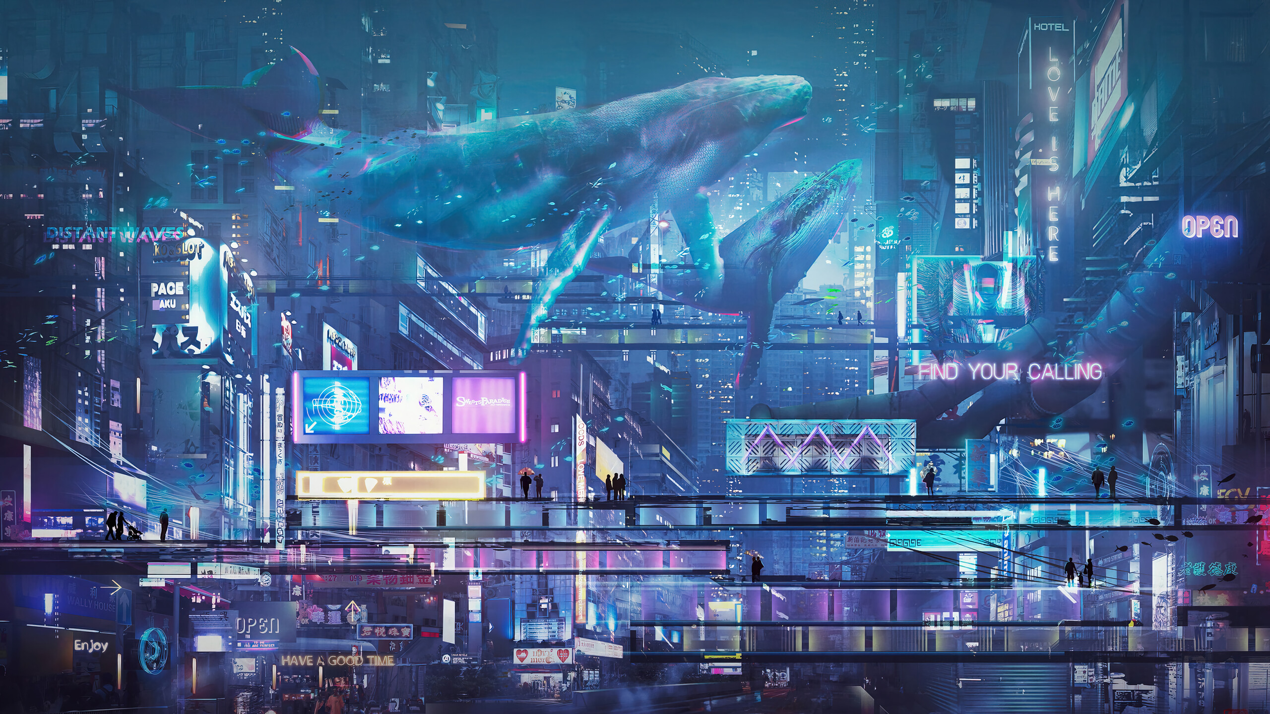 General 2560x1440 science fiction blue high tech city cyberpunk whale pink neon fantasy art futuristic digital art