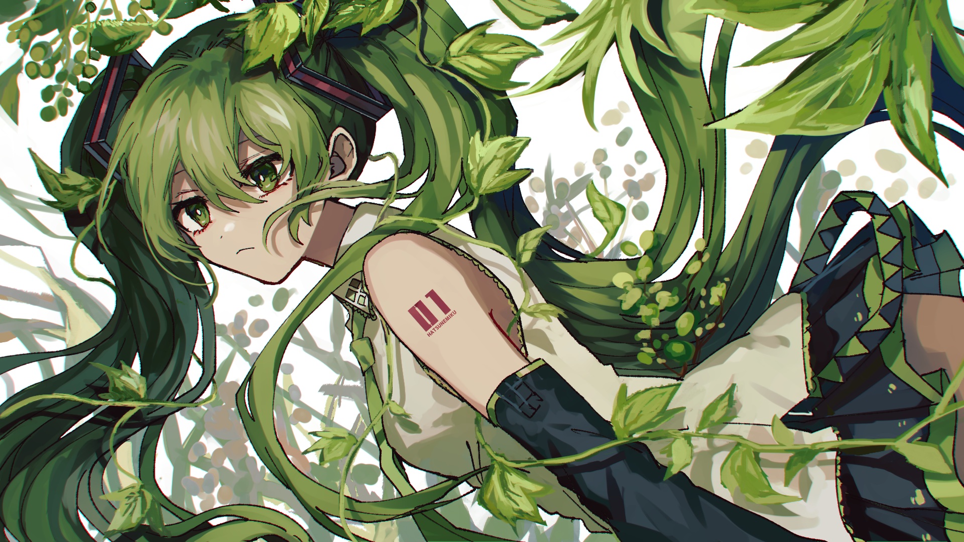 Anime 1920x1080 anime anime girls Hatsune Miku Vocaloid green hair leaves green eyes twintails