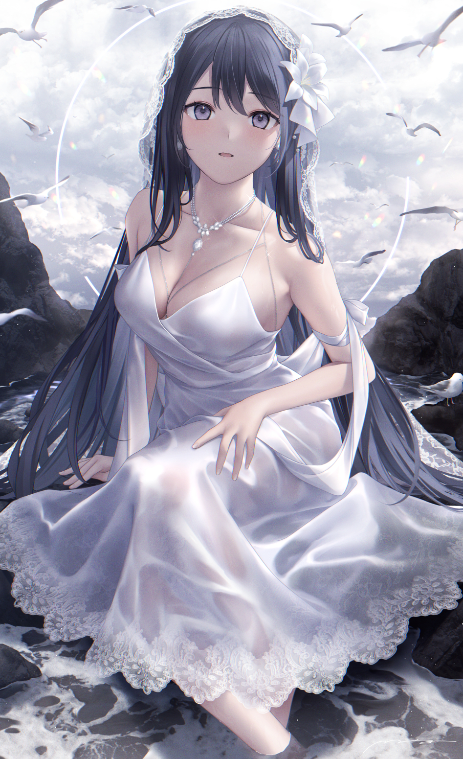 Anime 947x1551 anime anime girls cleavage dress water long hair blue hair blue eyes artwork Mhru