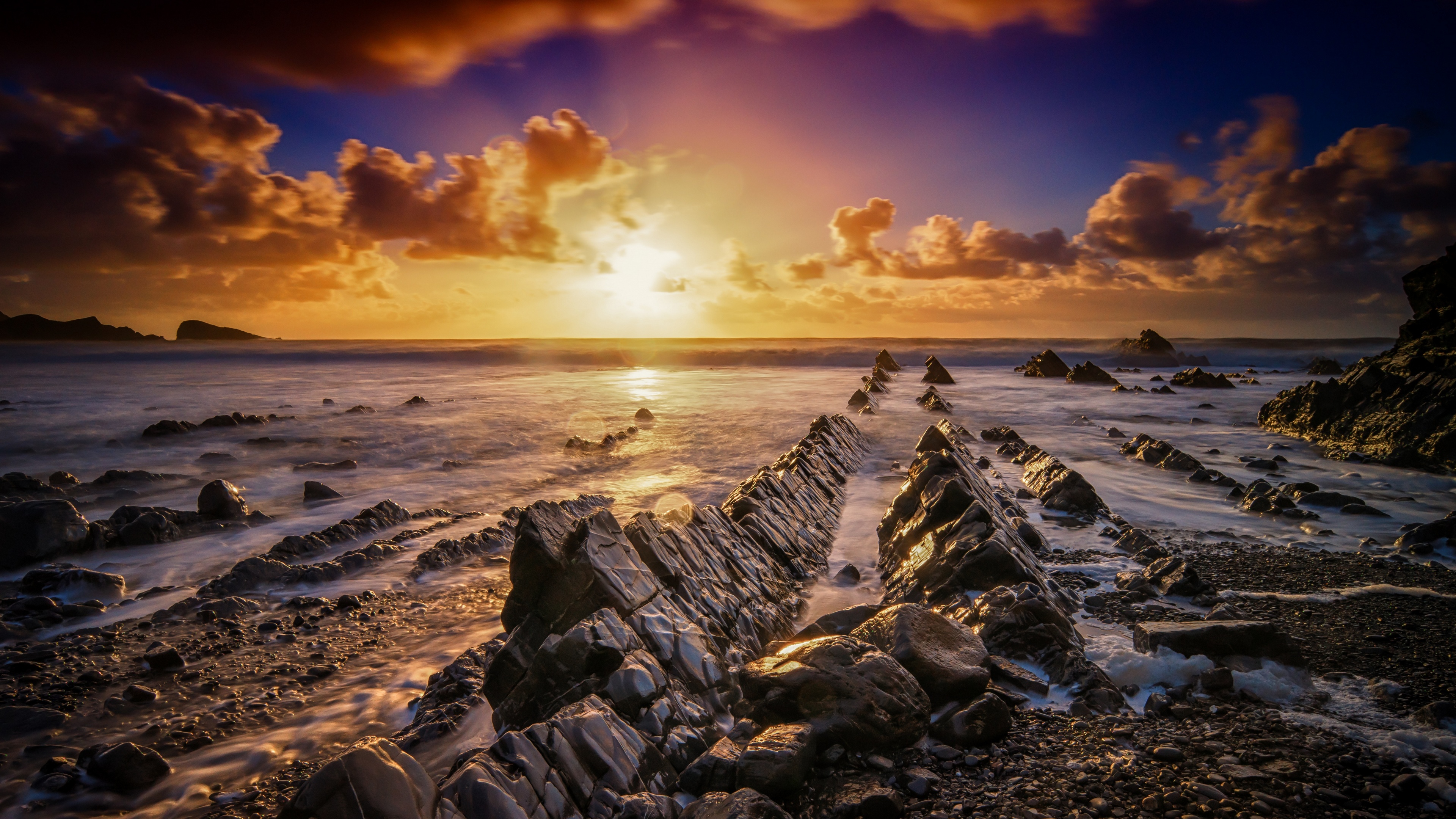 General 3840x2160 nature coast sea sunset sky clouds rocks stones waves