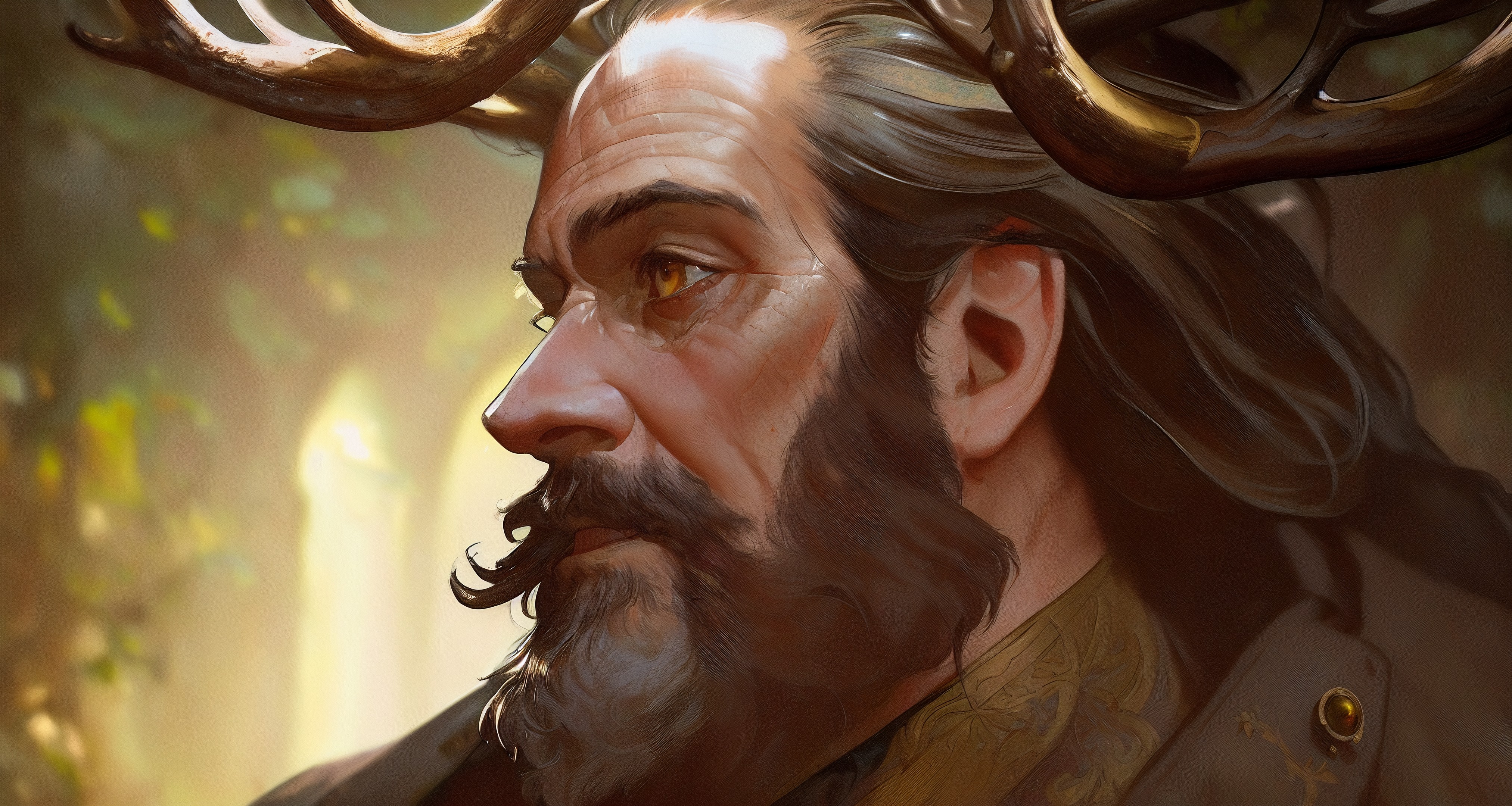General 4050x2160 fantasy men AI art old people looking sideways antlers face beard fantasy art Stable Diffusion