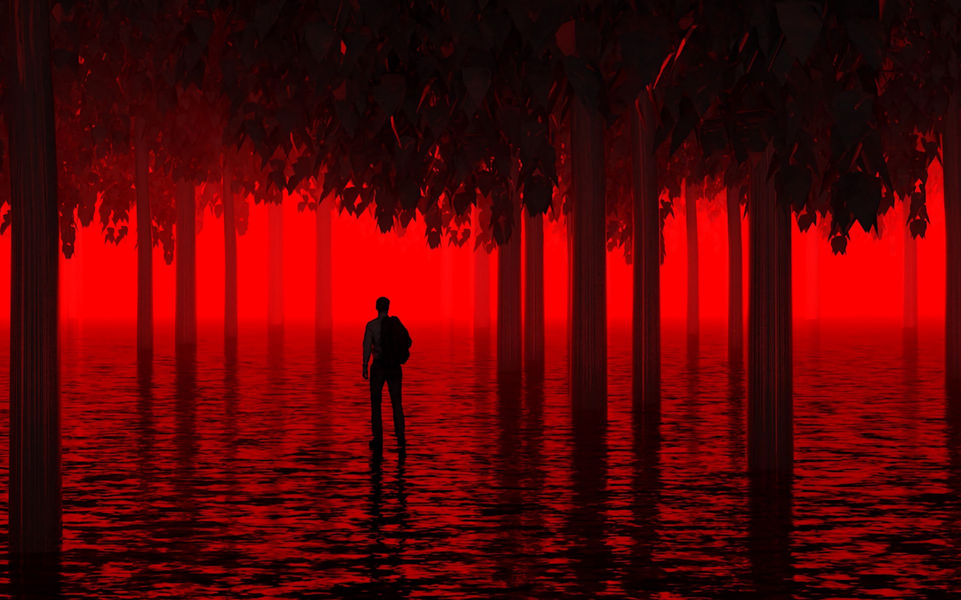 General 1920x1200 red black trees standing water