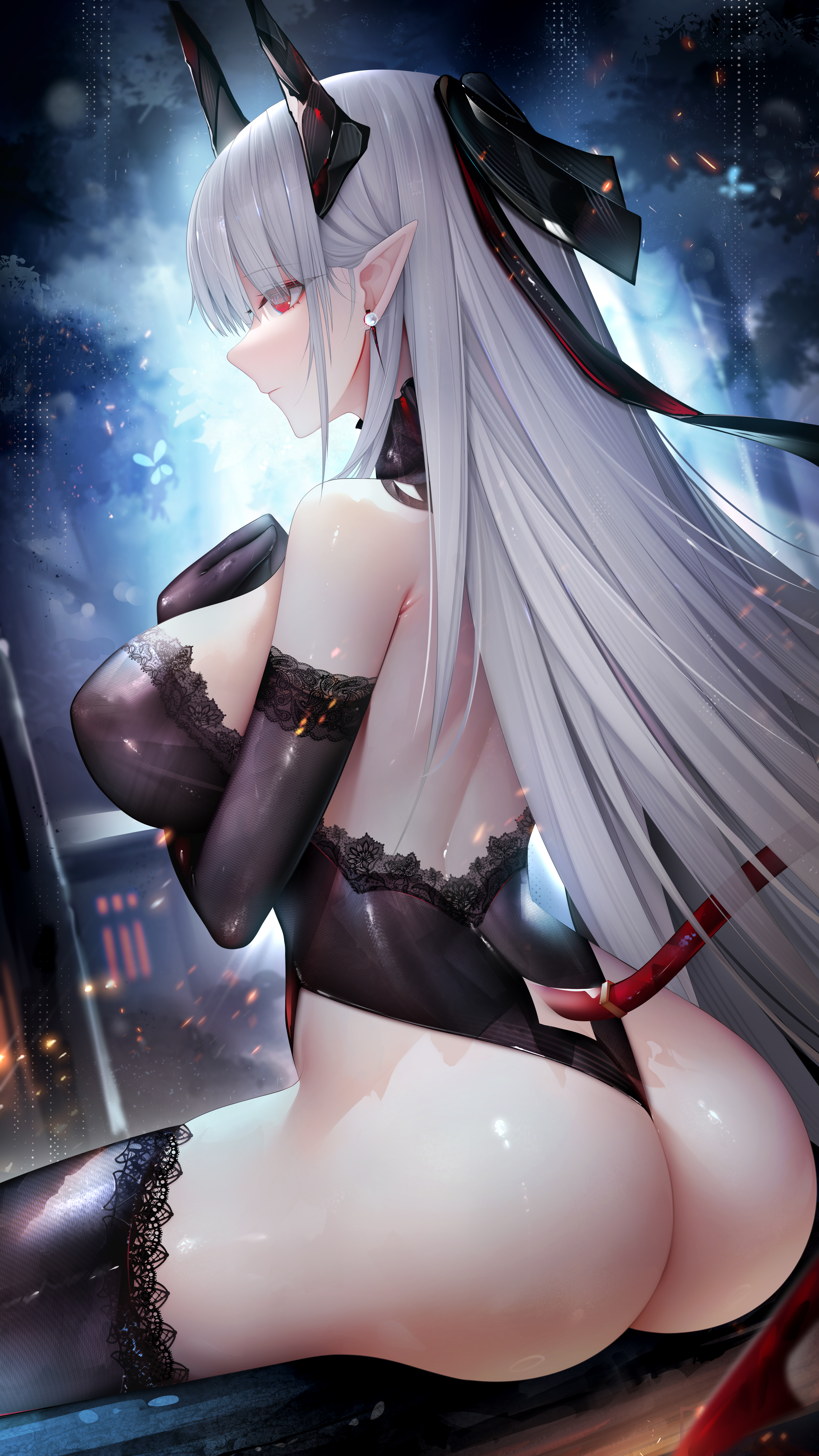 Anime 4320x7680 anime anime girls ass silver hair pointy ears red eyes horns tail stockings elbow gloves sideboob big boobs Zhixue Arknights Sarkaz Sentinel (Arknights) portrait display