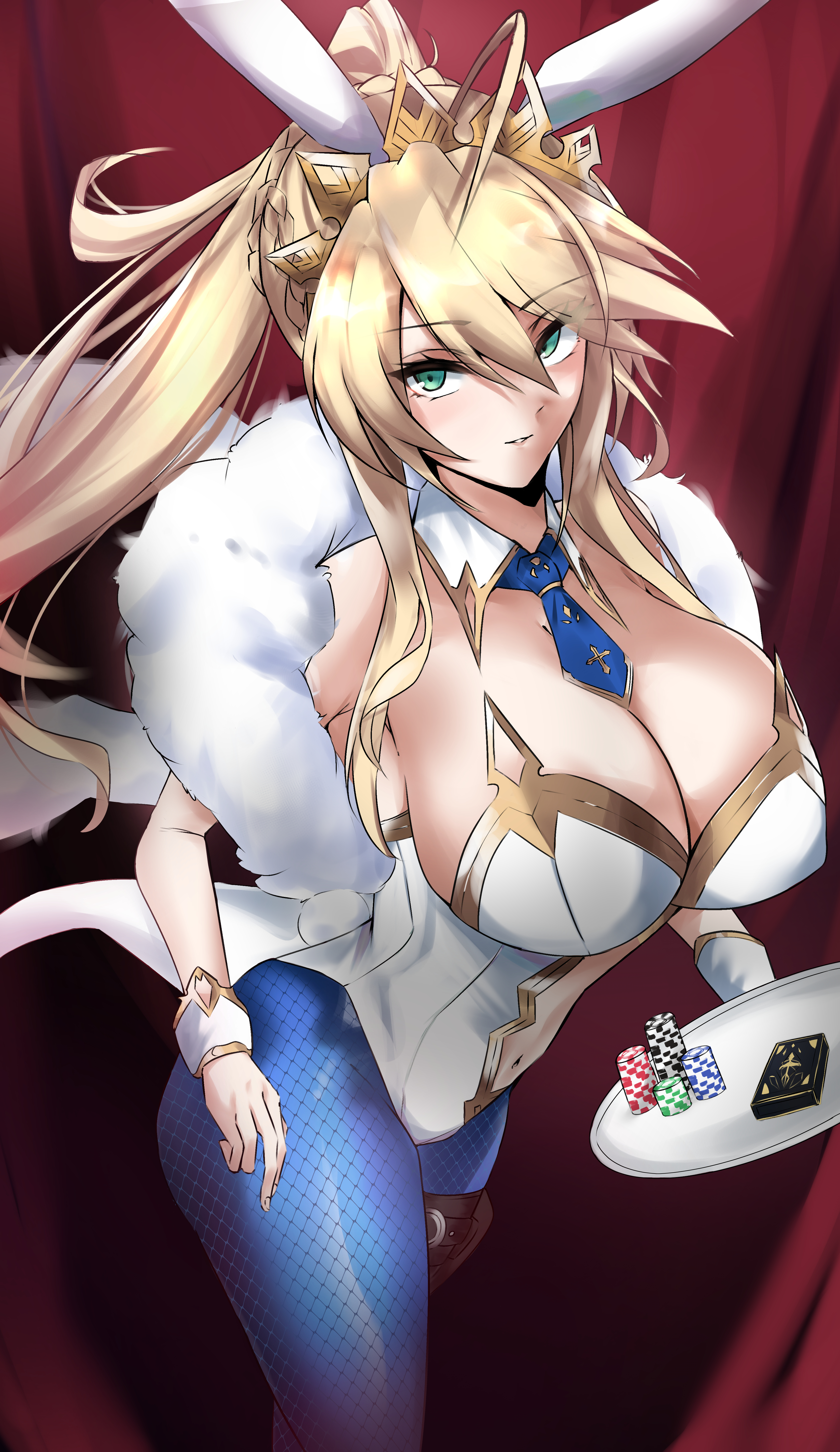 Anime 3300x5700 Fate series Fate/Grand Order Artoria Pendragon (Ruler) big boobs anime girls bunny suit bunny ears bunny tail blonde green eyes cards poker chips ponytail fishnet pantyhose