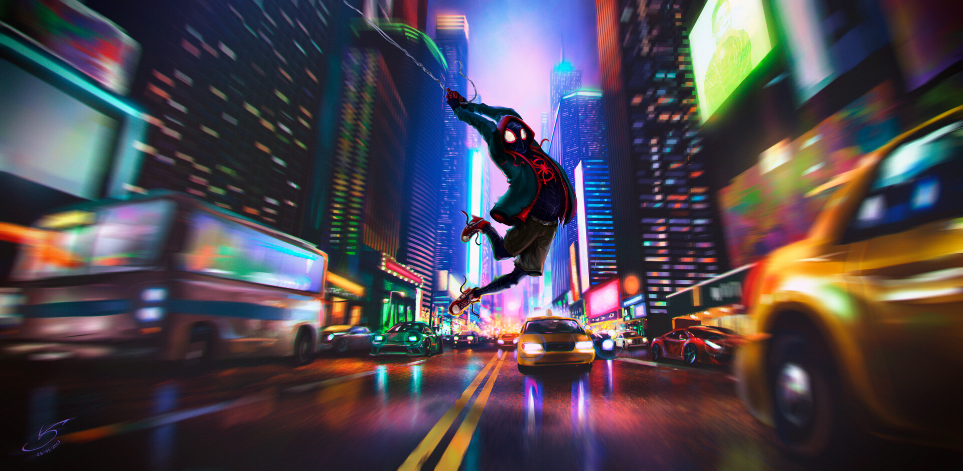 General 1920x939 Spider-Man: Into the Spider-Verse Spider-Man Miles Morales city taxi buses street New York City comics Sony artwork
