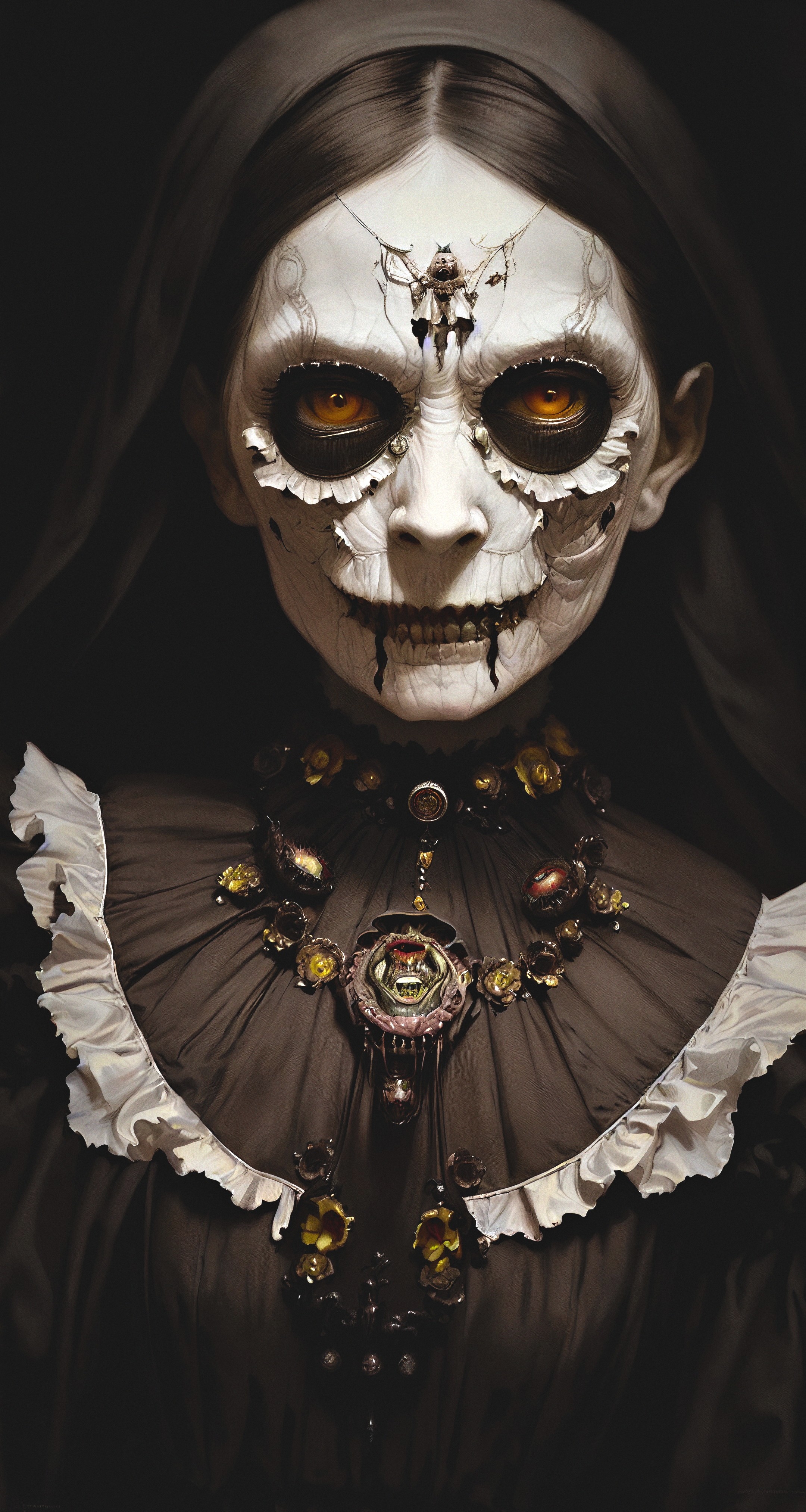 General 2160x4050 AI art women old people looking at viewer portrait display orange eyes black hair frills victorian clothes necklace black clothing pale demon girls Stable Diffusion