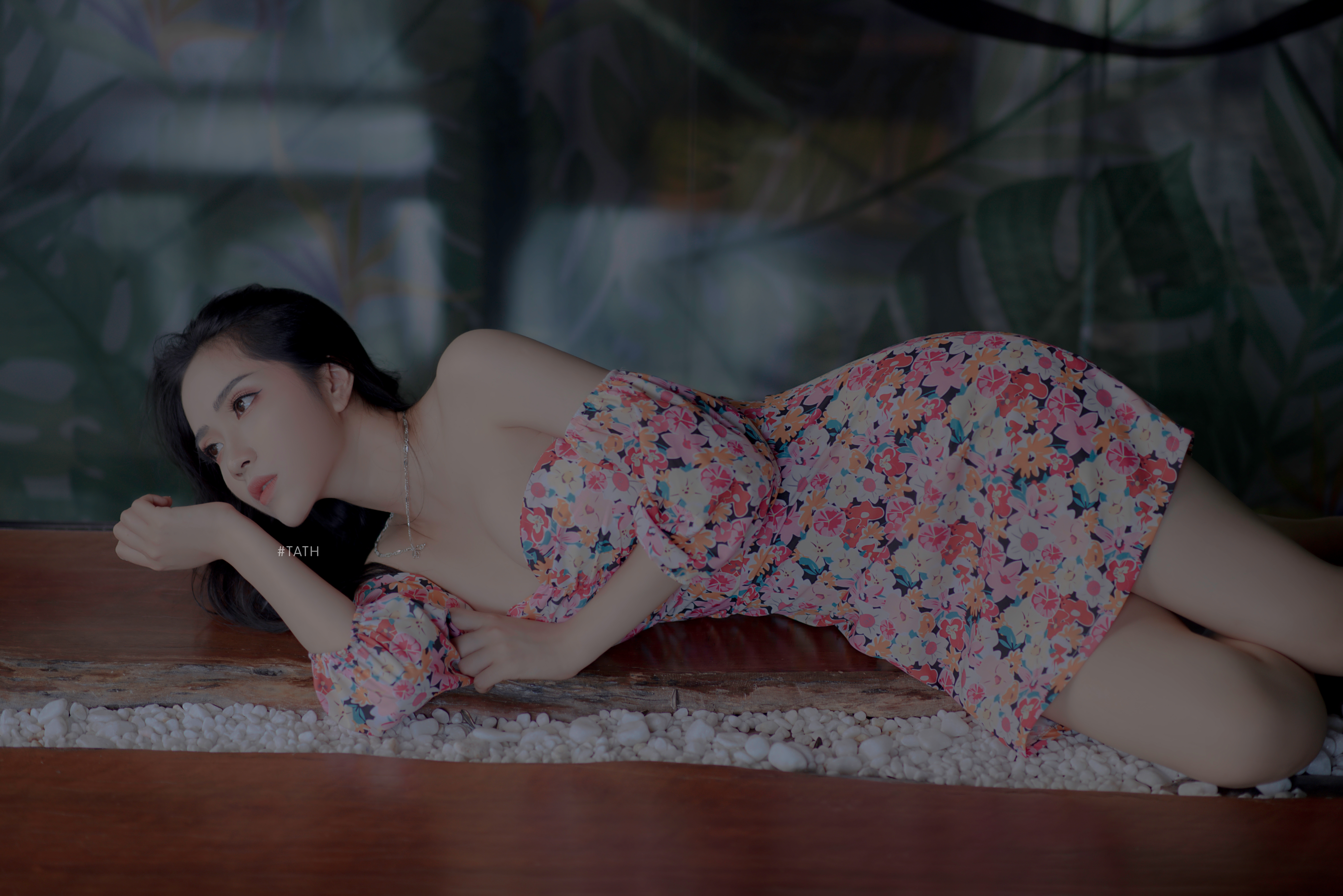 People 6016x4016 women Lan Ahn dress Asian dark hair on the floor cleavage