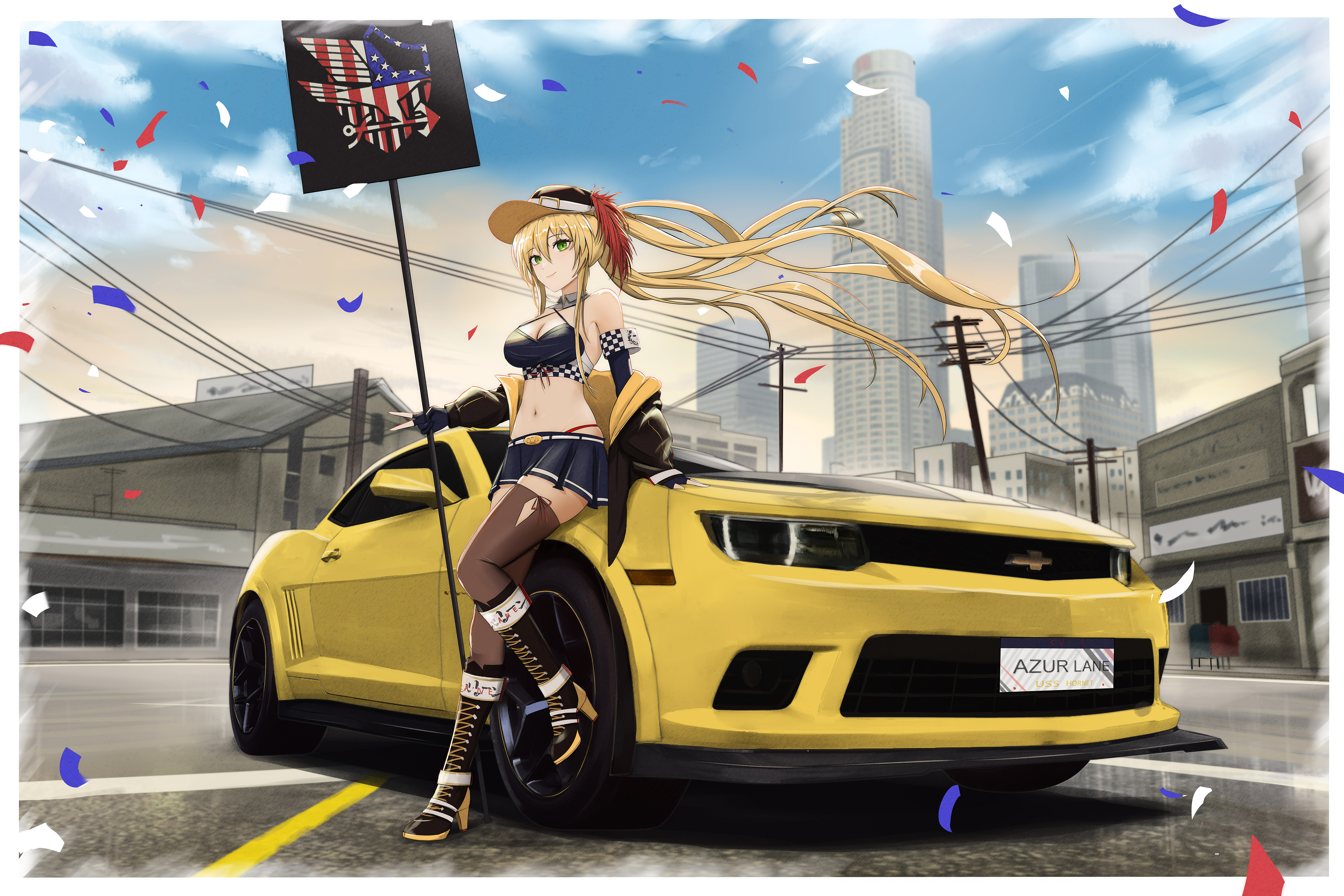 Anime 4500x3000 anime anime girls Hornet (Azur Lane) Azur Lane blonde hat race cars car stockings blue eyes confetti