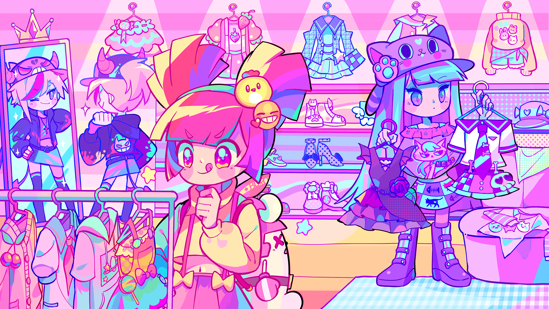 Anime 1920x1080 MuseDash anime girls Kawai (artist) music colorful shoes clothes shopping mirror reflection hat tongue out crown purple pantyhose