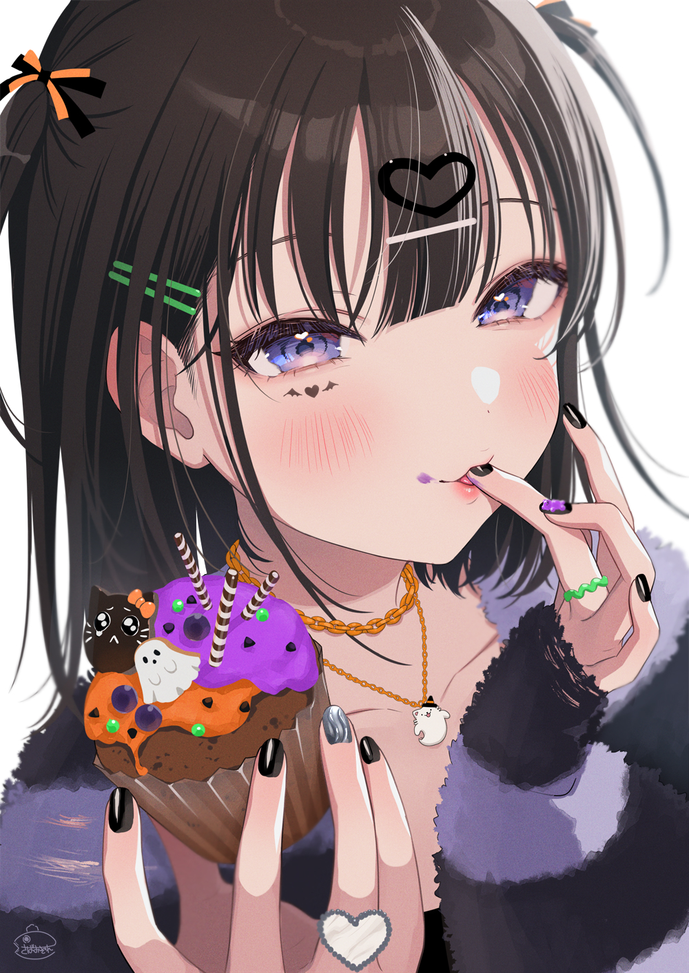 Anime 1000x1412 original characters anime anime girls cupcakes blushing Halloween painted nails blue eyes black hair