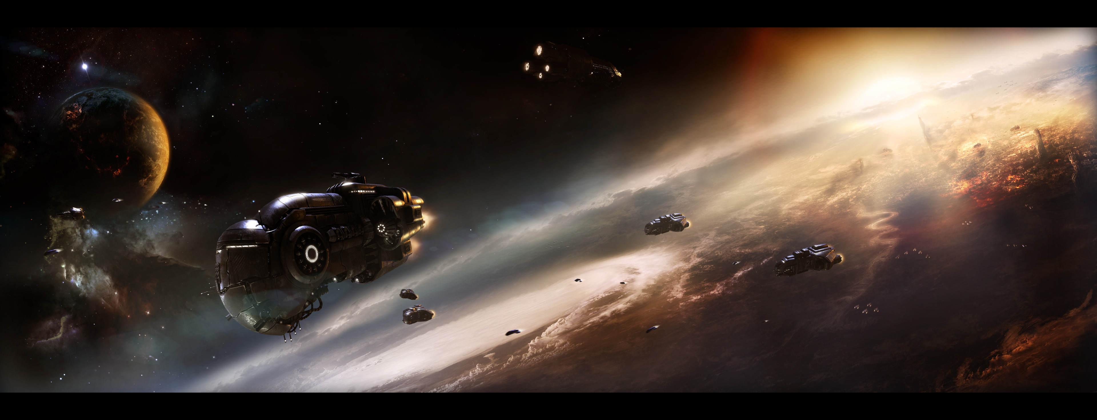 General 3840x1472 science fiction high tech space planet Sun spaceship sky stars storm clouds