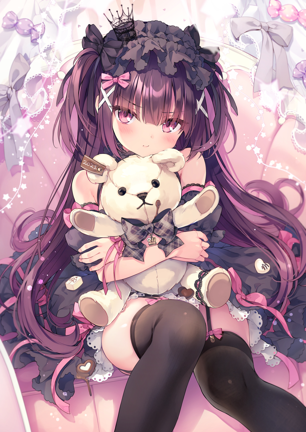 Anime 1254x1771 anime anime girls stockings purple hair purple eyes teddy bears