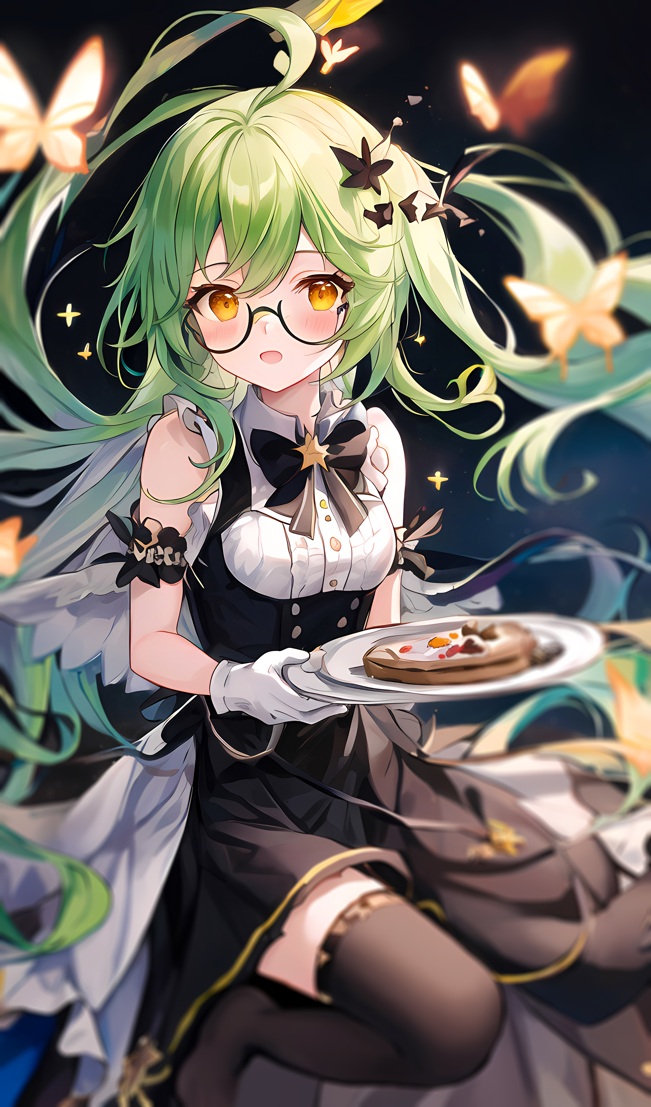 Anime 2560x4352 anime girls Genshin Impact Sucrose (Genshin Impact) portrait display gloves glasses food stockings butterfly maid maid outfit