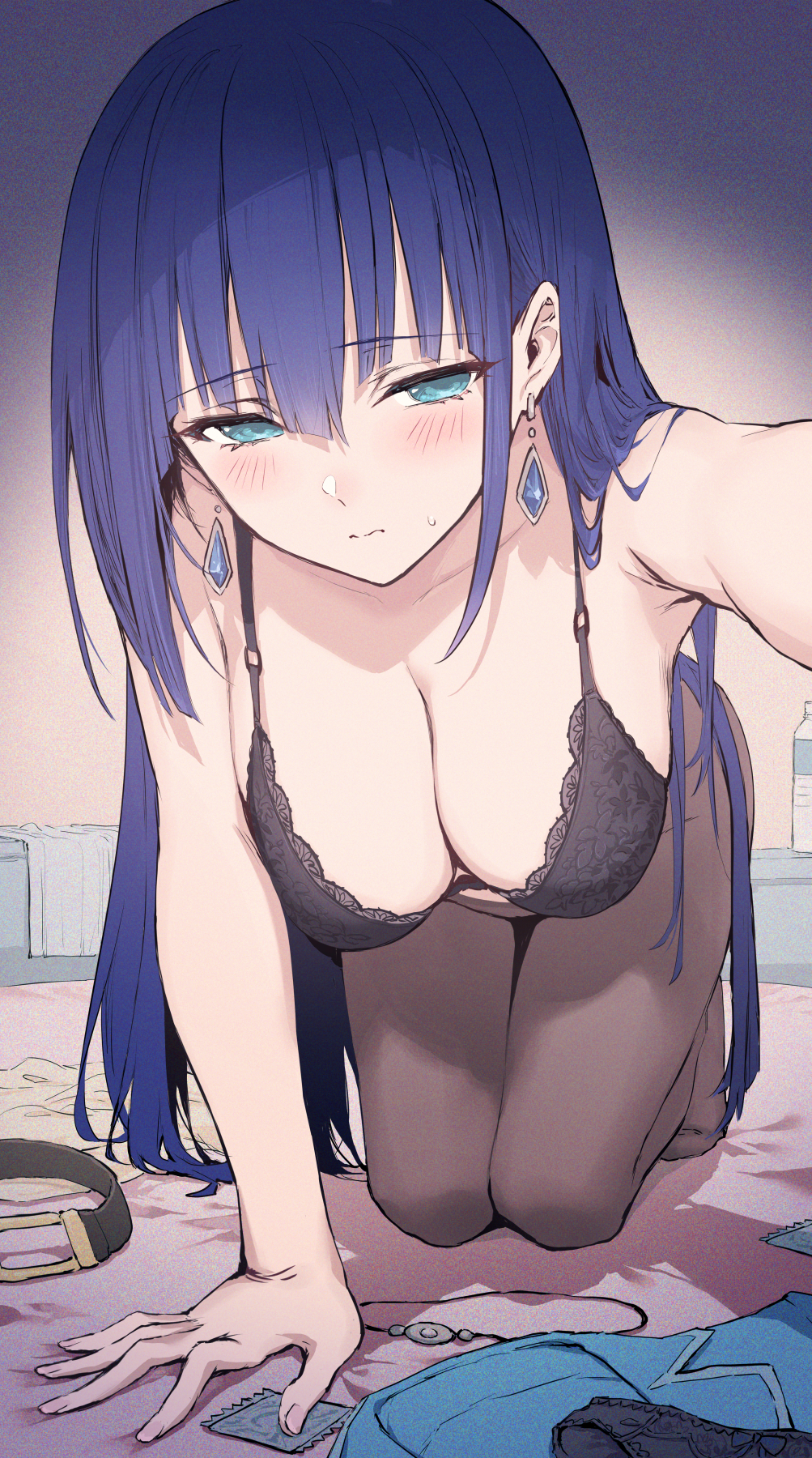 Anime 1003x1800 anime anime girls cleavage bent over bra big boobs blushing pantyhose earring blue hair blue eyes condom portrait display Engage Kiss Haoni Ayano Yuugiri