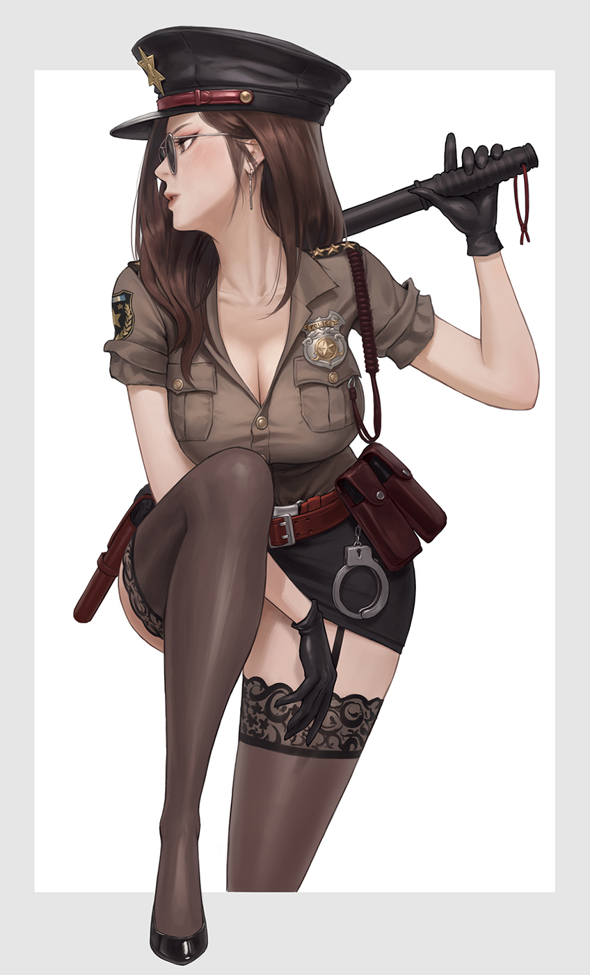 Anime 848x1400 anime girls boobs nuker portrait display hat glasses handcuffs stockings gloves brunette cleavage Military Hat heels