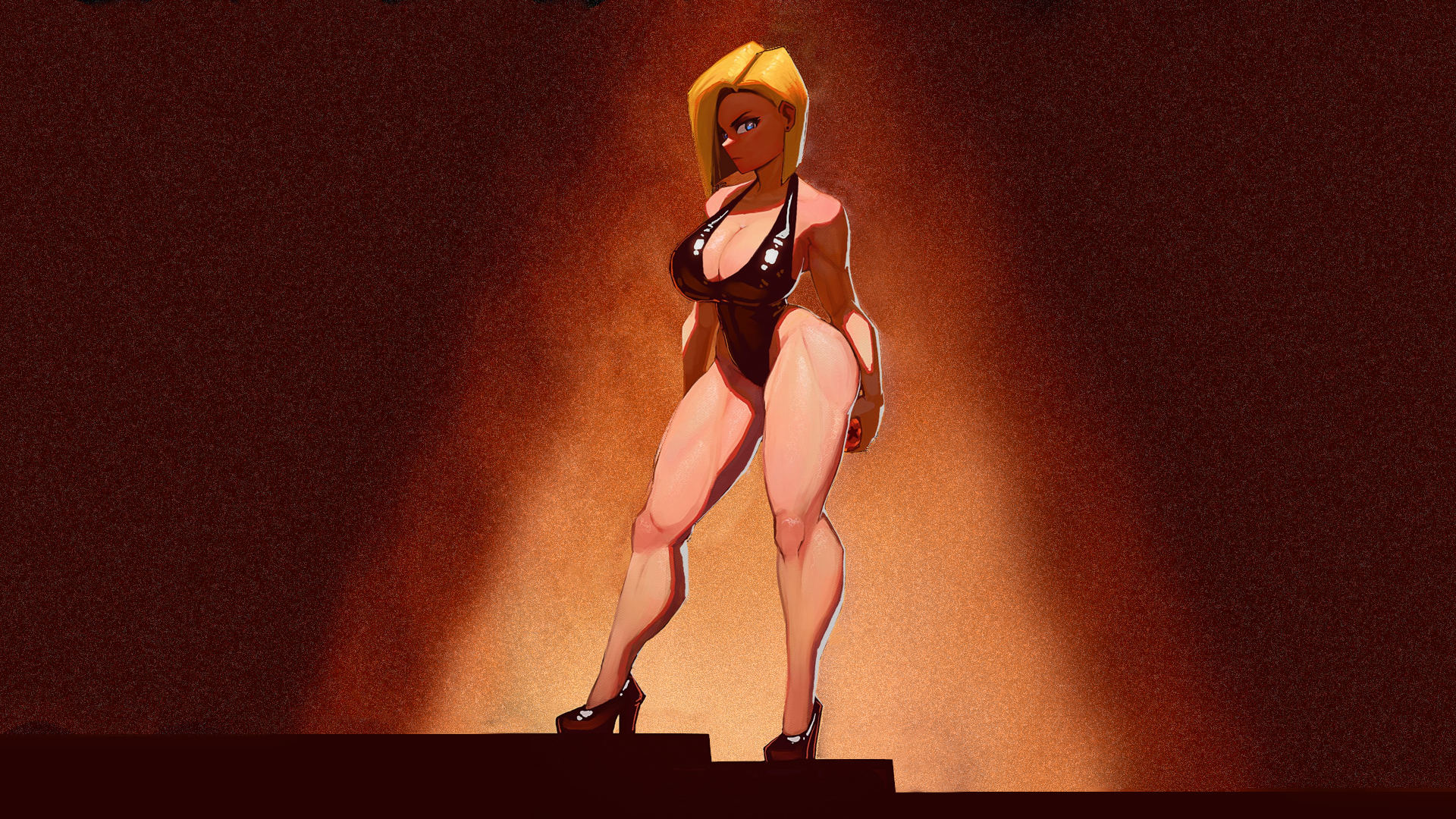 Anime 1920x1080 Android 18 Dragon Ball Dragon Ball Z swimwear black swimsuit one-piece swimsuit leotard blonde short hair hair over one eye blue eyes looking at viewer thighs strong woman shoulder length hair ass heels black heels film grain black leotard cleavage boobs big boobs hips wide hips anime girls