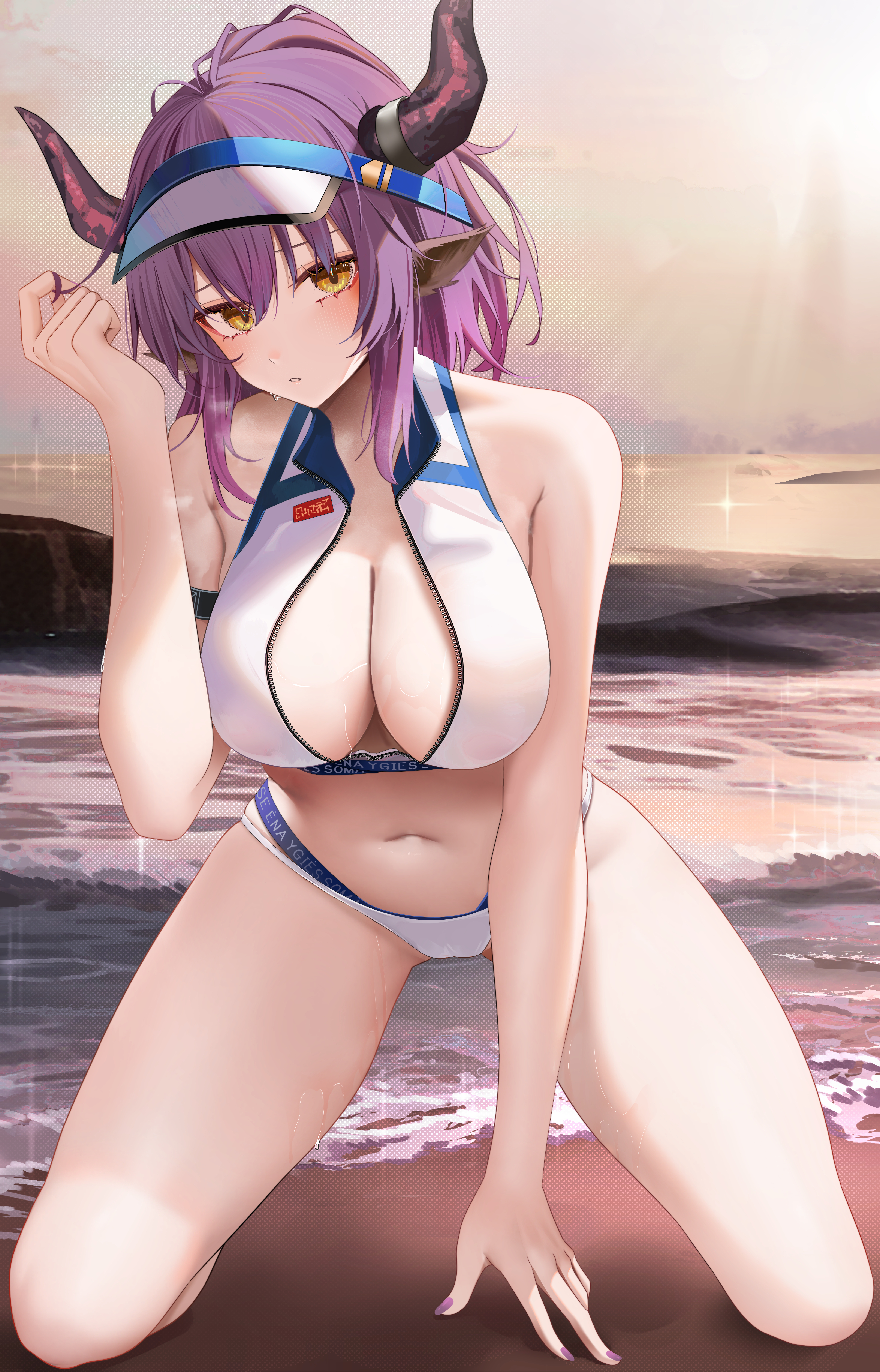 Anime 4108x6402 anime anime girls Ru Zhai cleavage boobs bikini horns pointy ears water beach portrait display Sideroca (Arknights)