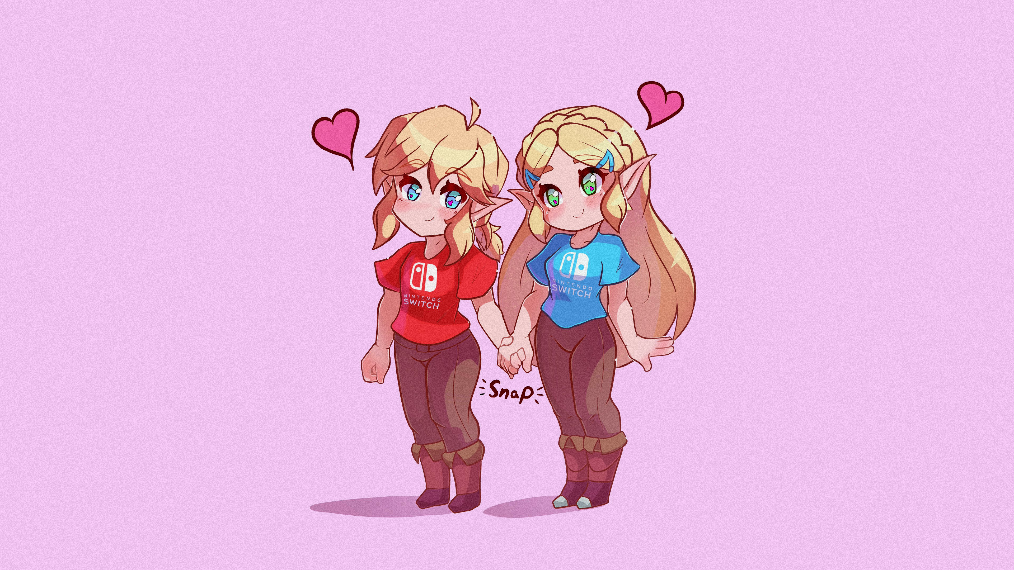 Anime 3840x2160 Link Zelda The Legend of Zelda: Breath of the Wild braids braided hair long hair blonde short hair holding hands Nintendo Nintendo Switch red shirt blue shirt heart (design) green eyes blue eyes chibi boots leather pants  The Legend of Zelda pointy ears blushing simple background video games video game girls video game boys ahoge hair clip heart eyes minimalism