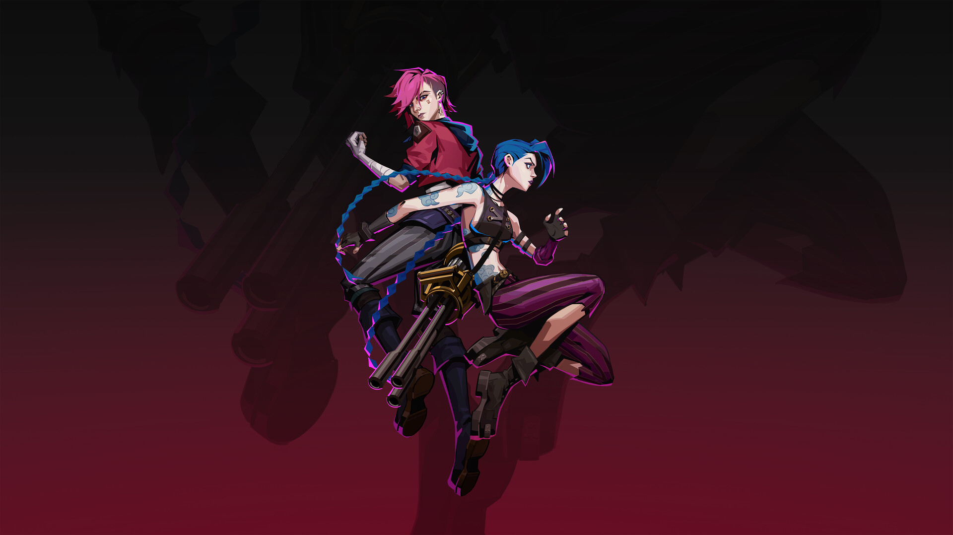 General 1920x1078 Jinx (League of Legends) League of Legends video game art illustration Arcane TV series weapon blue hair pink hair tattoo video game characters braids