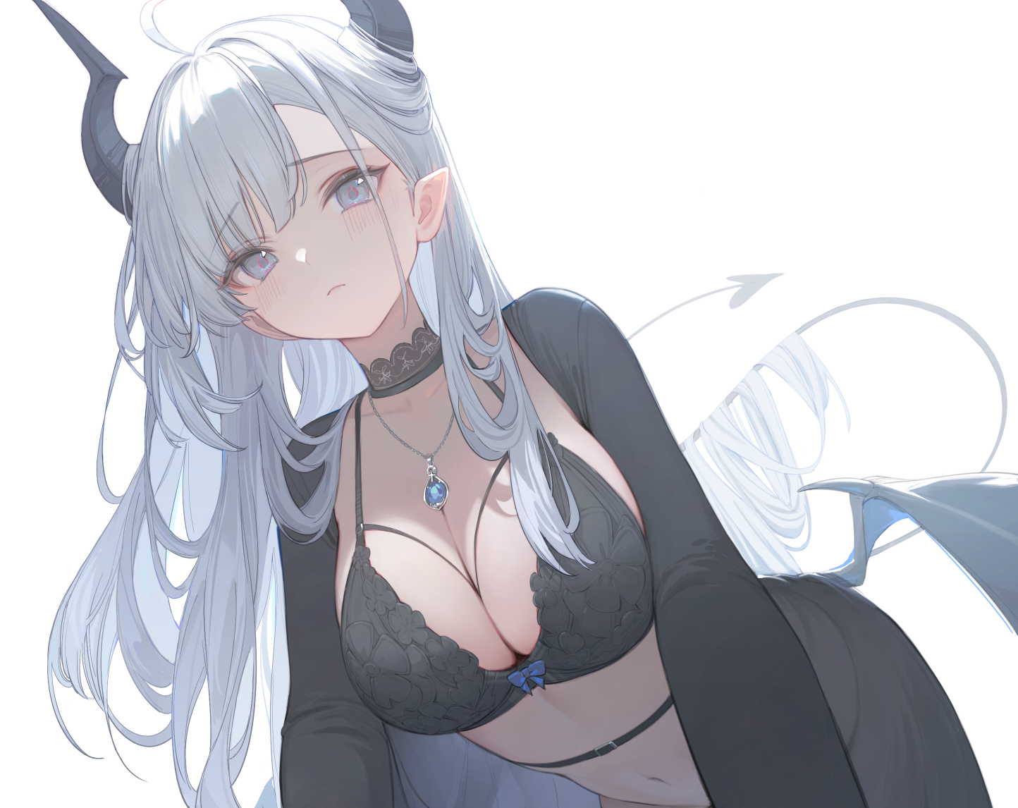 Anime 1444x1146 original characters white hair anime girls cleavage necklace big boobs demon girls pointy ears bat wings demon tail blue eyes choker horns