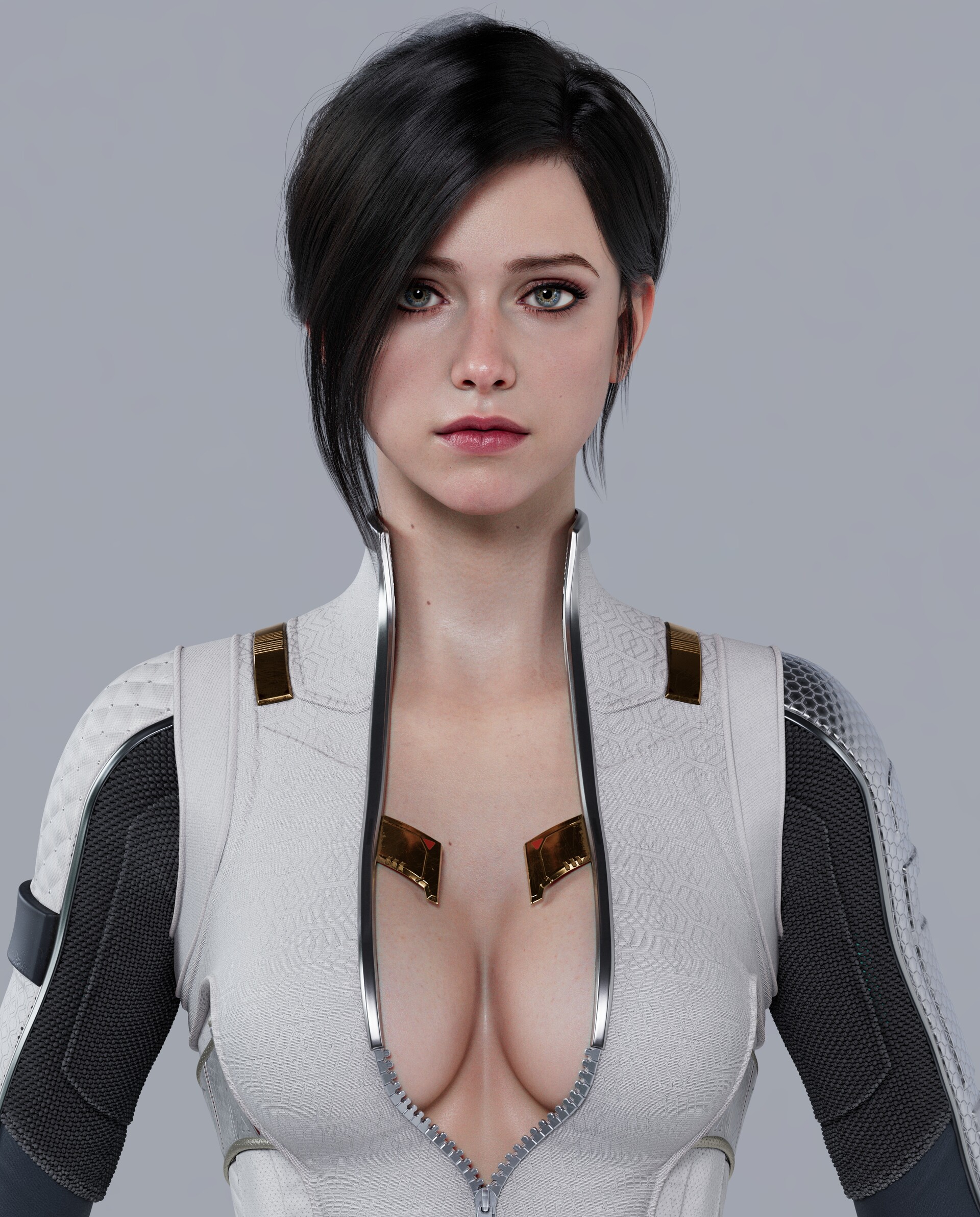 General 1920x2383 Dong Liuhao women dark hair unzipped simple background gold science fiction open clothes boobs cleavage