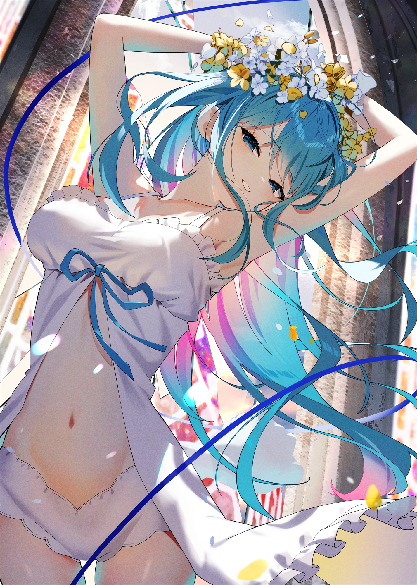 Anime 1427x2000 Emori Miku white lingerie portrait display arms up looking at viewer panties white panties underwear white underwear petals multi-colored hair smiling long hair blue eyes hand(s) on head flowers Sukocchi light blue hair flower crown head tilt big boobs belly button anime girls armpits
