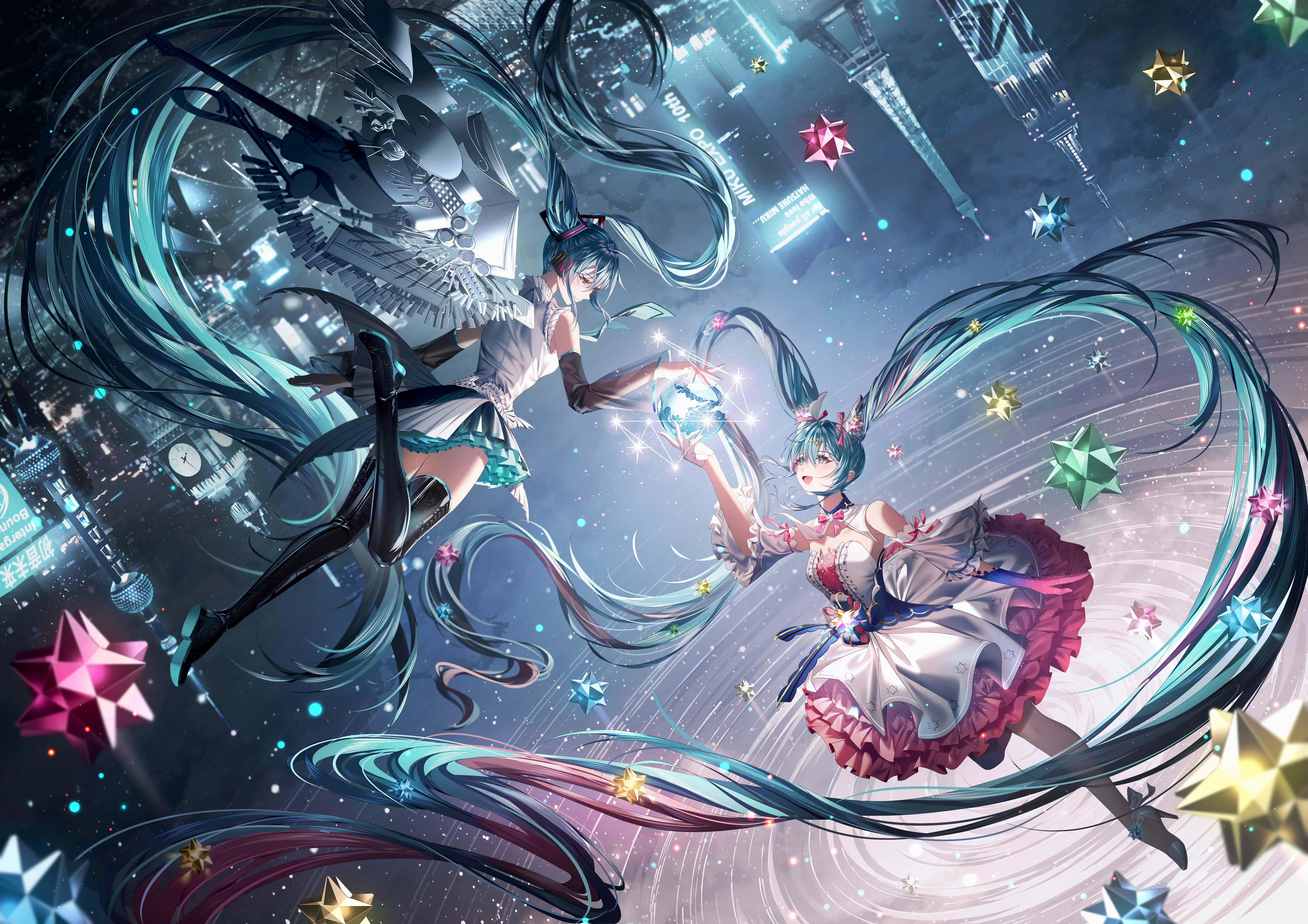 Anime 7075x5000 anime anime girls Vocaloid Hatsune Miku Junpaku Karen long hair twintails open mouth hair ornament gloves painted nails blue nails upside down stars detached sleeves frills bare shoulders skirt thighs collarbone bow tie headphones smiling closed mouth city lights building blue hair blue eyes skyscraper shoe sole latex high heels heels clock tower planet white gloves
