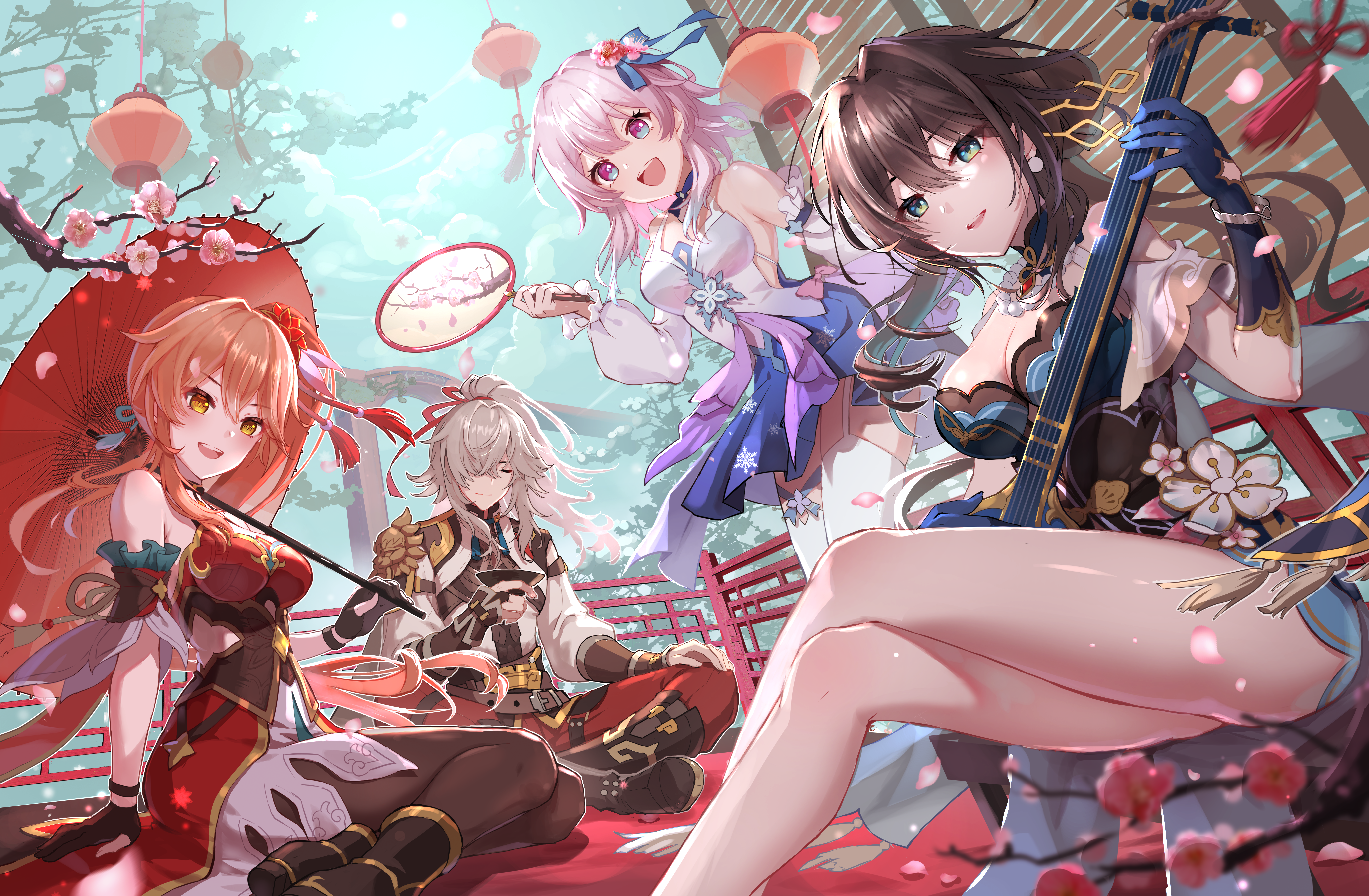 Anime 5500x3600 Honkai: Star Rail petals Guinaifen (Honkai: Star Rail) Jing Yuan (Honkai: Star Rail) Ruan Mei (Honkai: Star Rail) March 7th (Honkai: Star Rail) group of people sitting looking at viewer clouds cherry blossom flowers outdoors legs crossed umbrella open mouth Nyansan Oekaki thighs musical instrument sky cleavage hair ornament hair over one eye legs hair between eyes anime anime girls smiling