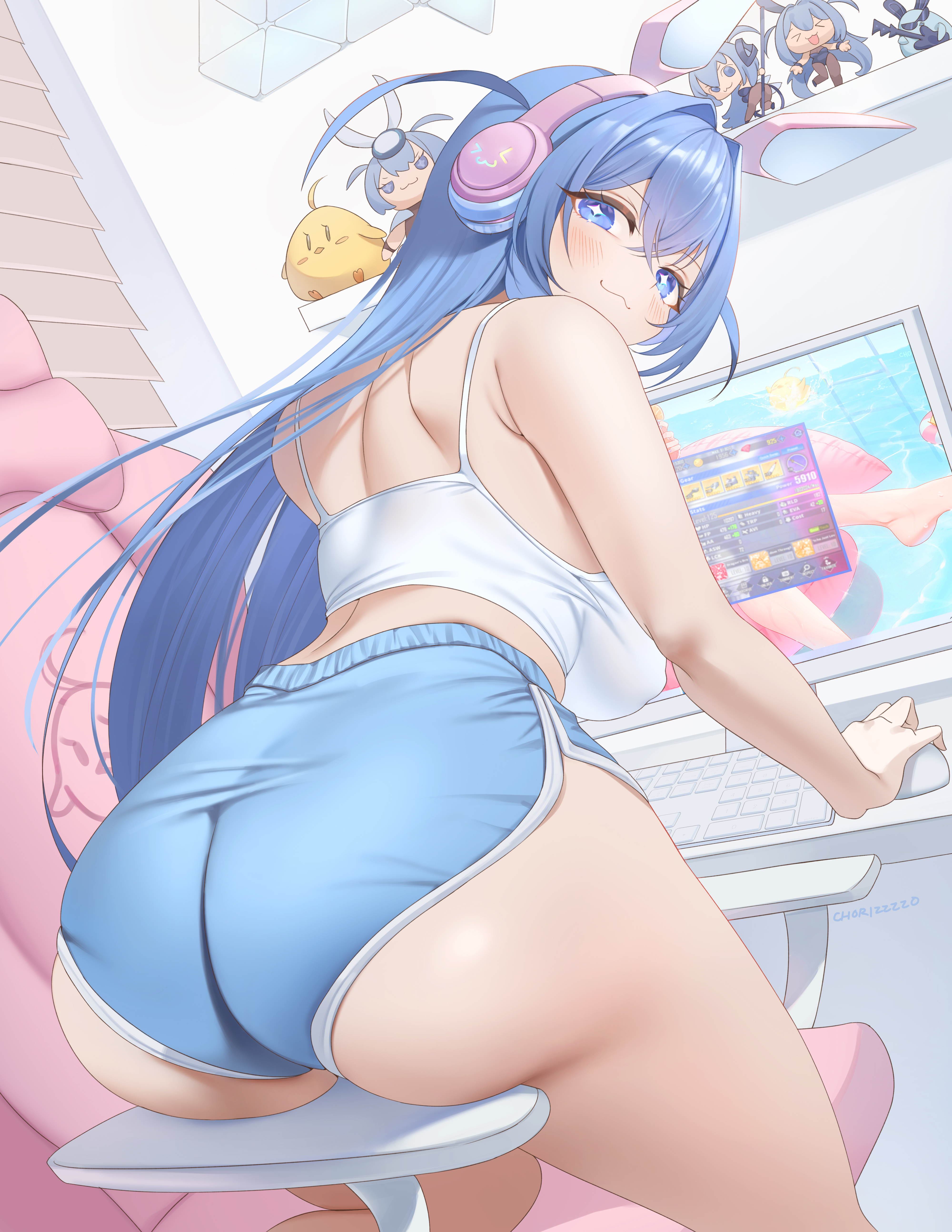 Anime 4000x5175 Azur Lane short shorts portrait display anime girls New Jersey (Azur Lane) ass looking at viewer smiling Manjuu (Azur Lane) thighs sitting women indoors looking back headphones white tank top long hair huge breasts bunny ears blue shorts signature computer screen chibi computer mice keyboards Zzo back screens closeup hair between eyes thick ass bare shoulders thick thigh nipple bulge star eyes closed mouth Dolphin shorts shorts