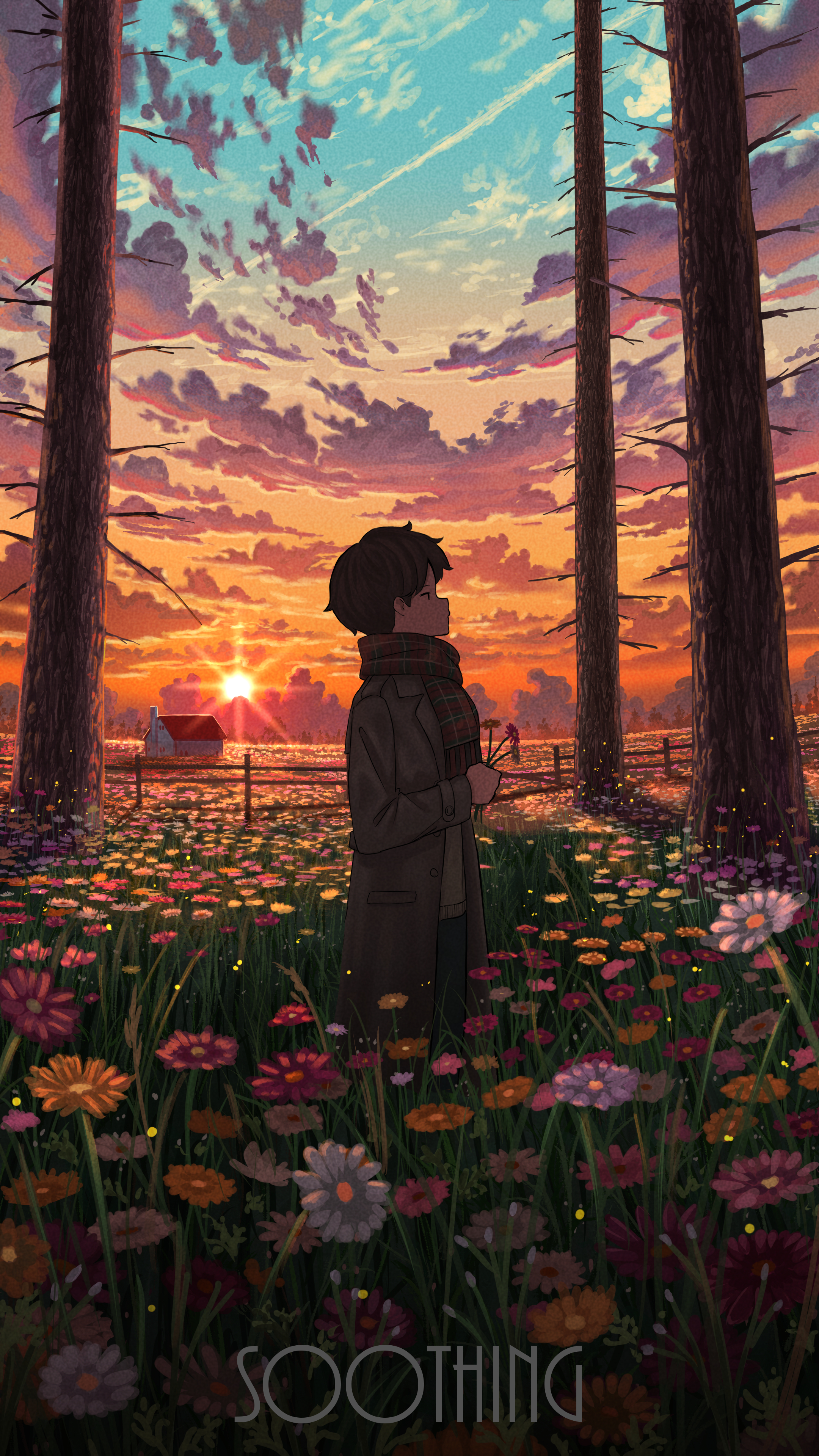 Anime 2160x3840 anime boys brown coat sunset long sleeves red scarfs standing flowers wood fence sunset glow field looking sideways sky trees clouds house fence text outdoors Pasoputi scarf Sun portrait display anime sunlight