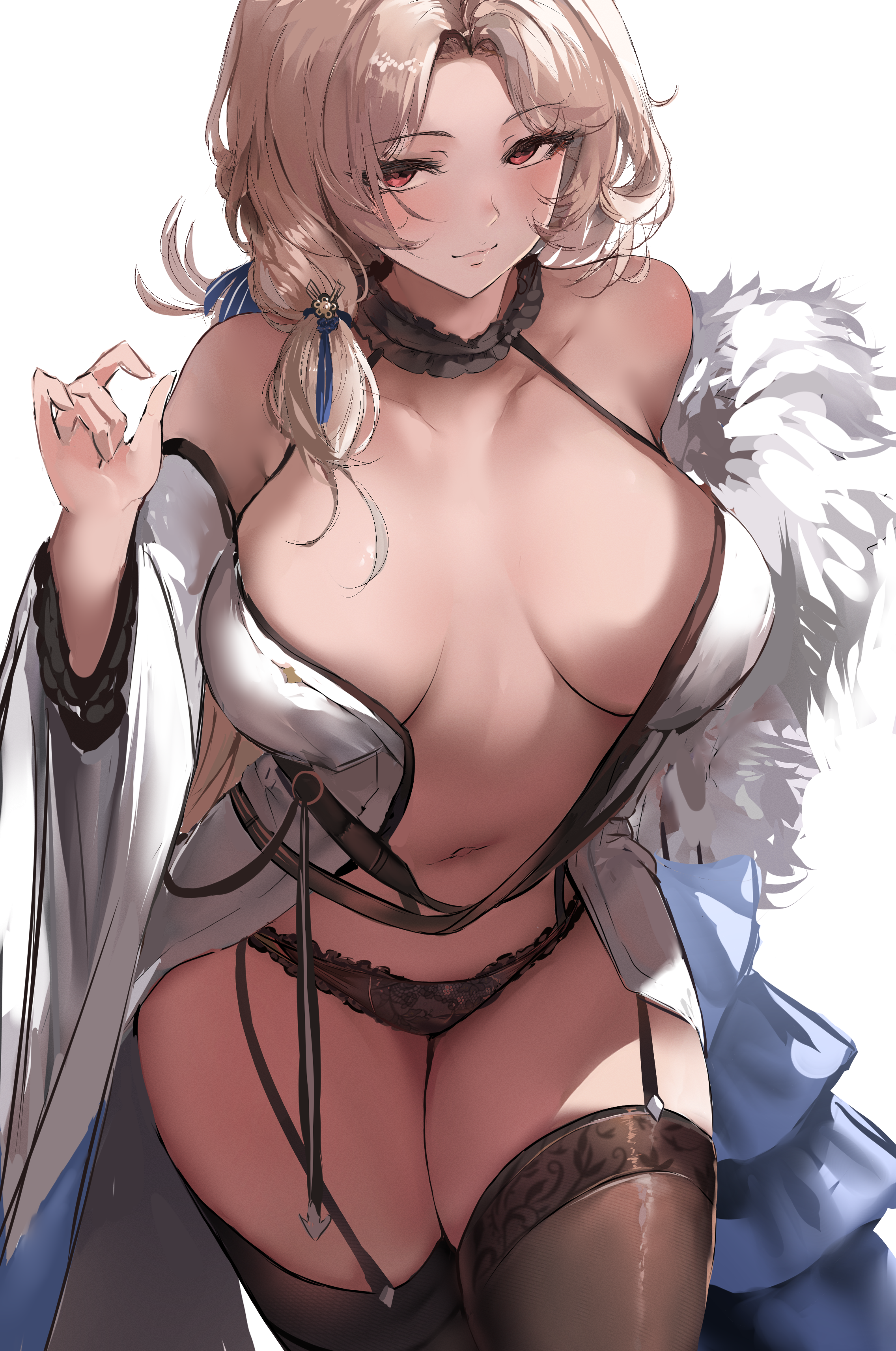 Anime 2272x3423 Nikke: The Goddess of Victory portrait display Liaowen Ludmilla (Nikke) lingerie huge breasts long hair black panties underwear black underwear panties looking at viewer blonde red eyes black stockings open clothes stockings garter straps blushing hair ornament cleavage white background choker simple background thighs closed mouth long sleeves smiling alternate costume bare shoulders fur trim