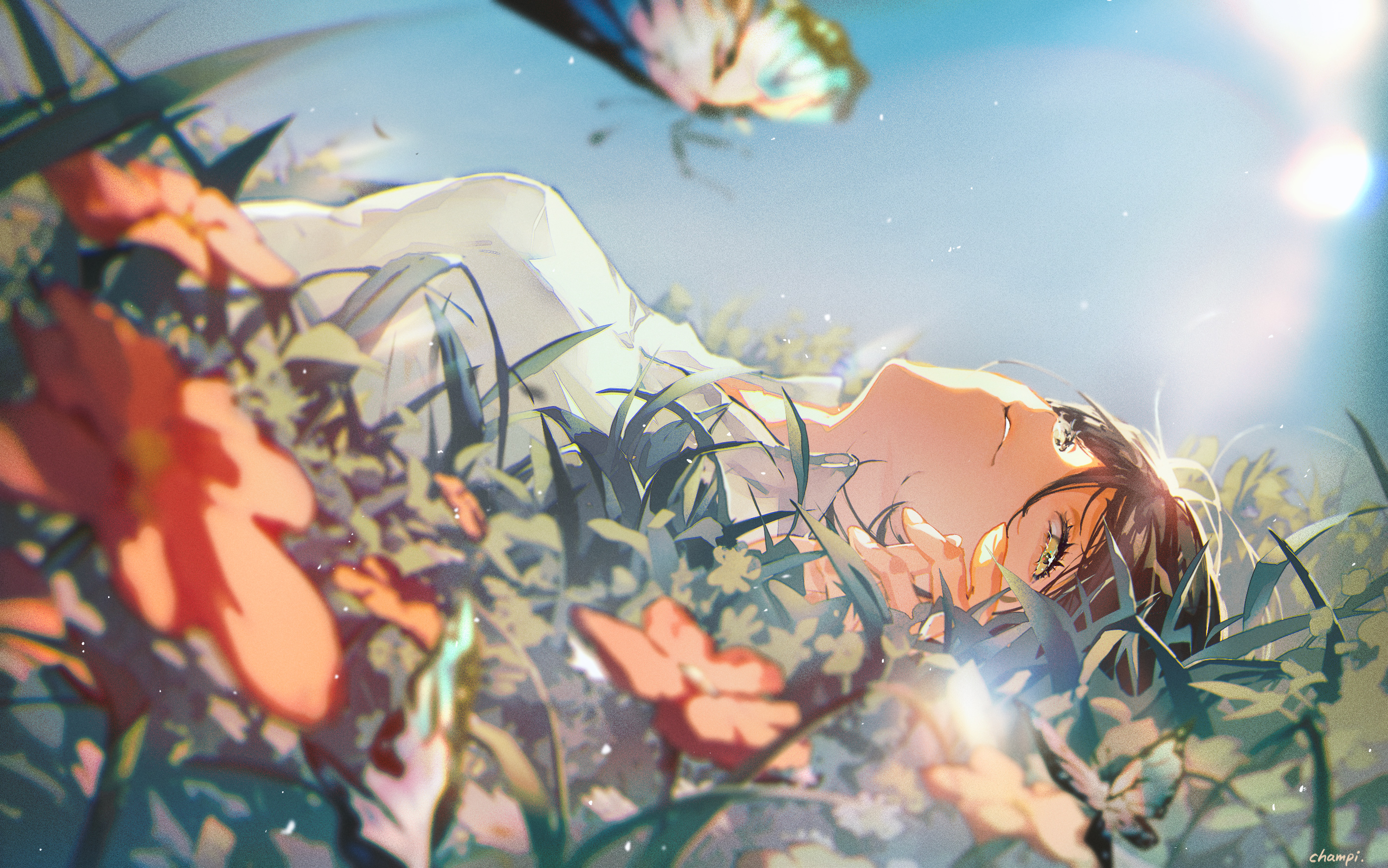 Anime 2800x1751 champi anime anime girls solo flowers red flowers colorful blurred smiling brunette natural light lying down green eyes butterfly sunlight noise lying on back parted lips leaves depth of field outdoors women outdoors
