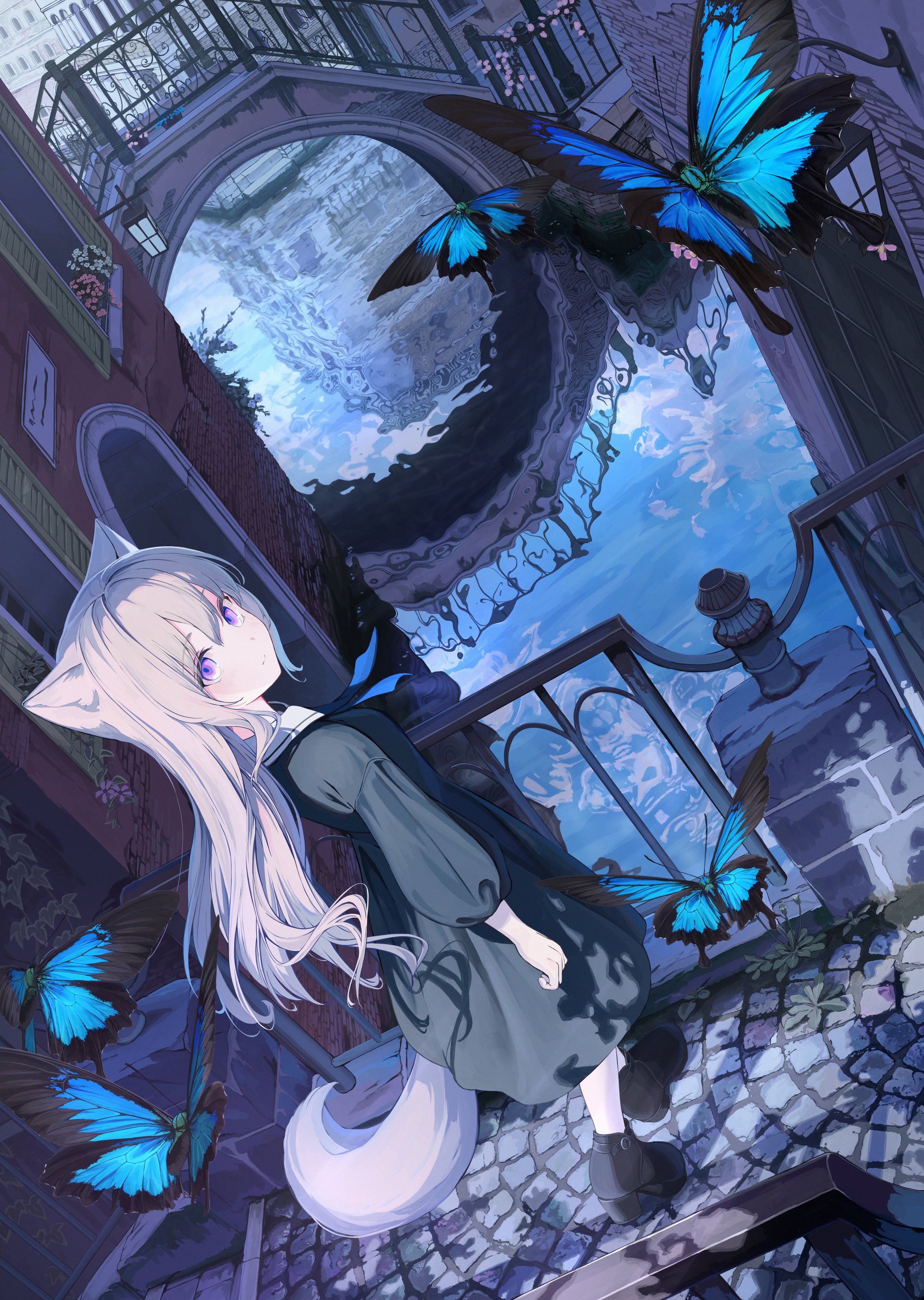 Anime 2718x3824 anime anime girls mikisai portrait display cat girl looking at viewer cat ears closed mouth smiling reflection bridge cat tail building butterfly insect long hair hair between eyes dress purple eyes standing butterfly wings gray hair sunlight architecture