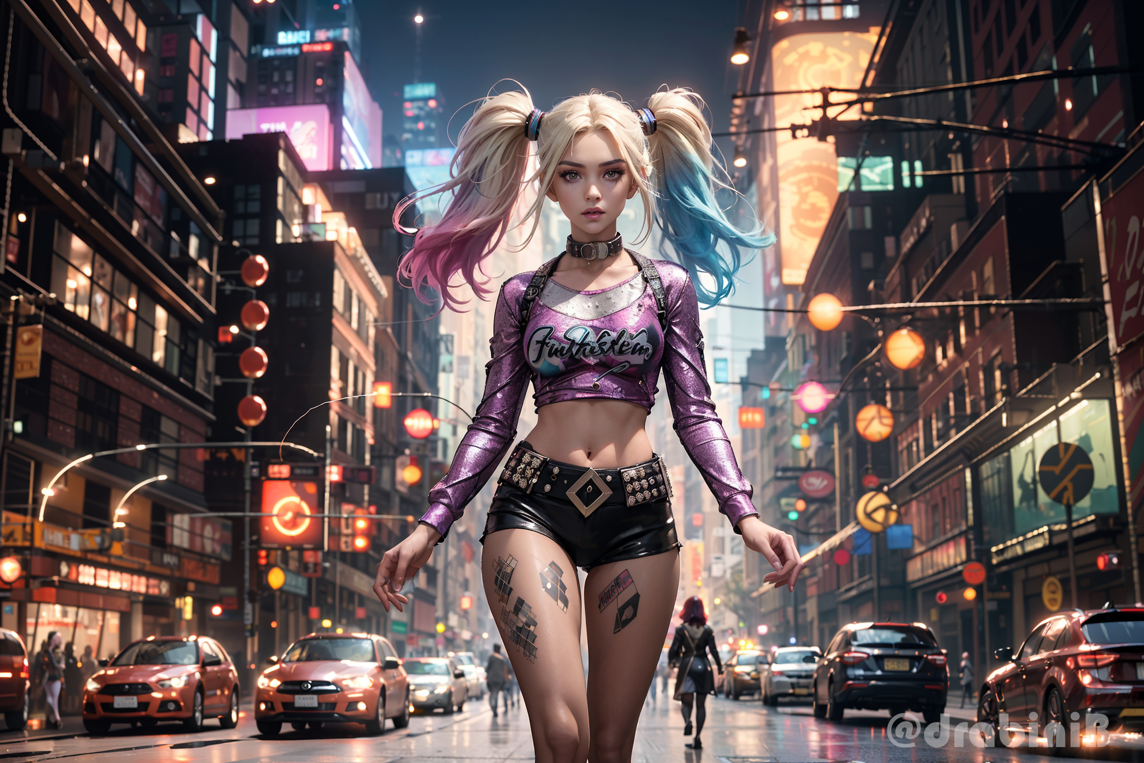General 2304x1536 Stable Diffusion AI art Harley Quinn twintails colorful cityscape multi-colored hair building city lights street light watermarked DrabiniB the gap vehicle car bare midriff shorts parted lips collarbone digital art long hair looking at viewer standing