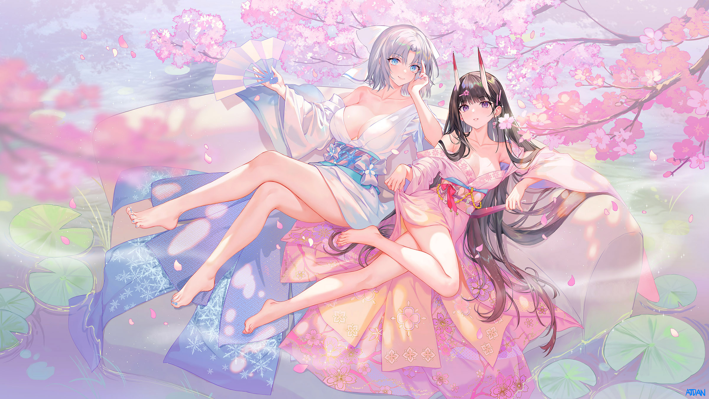 Anime 2400x1350 Noshiro (Azur Lane) anime anime girls Azur Lane Yumi (Senran Kagura) Atdan looking at viewer signature long hair off shoulder collarbone closed mouth parted lips big boobs cleavage short hair painted nails blue nails white hair brunette purple eyes sash petals kimono legs crossed barefoot painted toenails crossover water lilies pointed toes water branch horns flowers hair ornament Senran Kagura sunlight open clothes hand fan