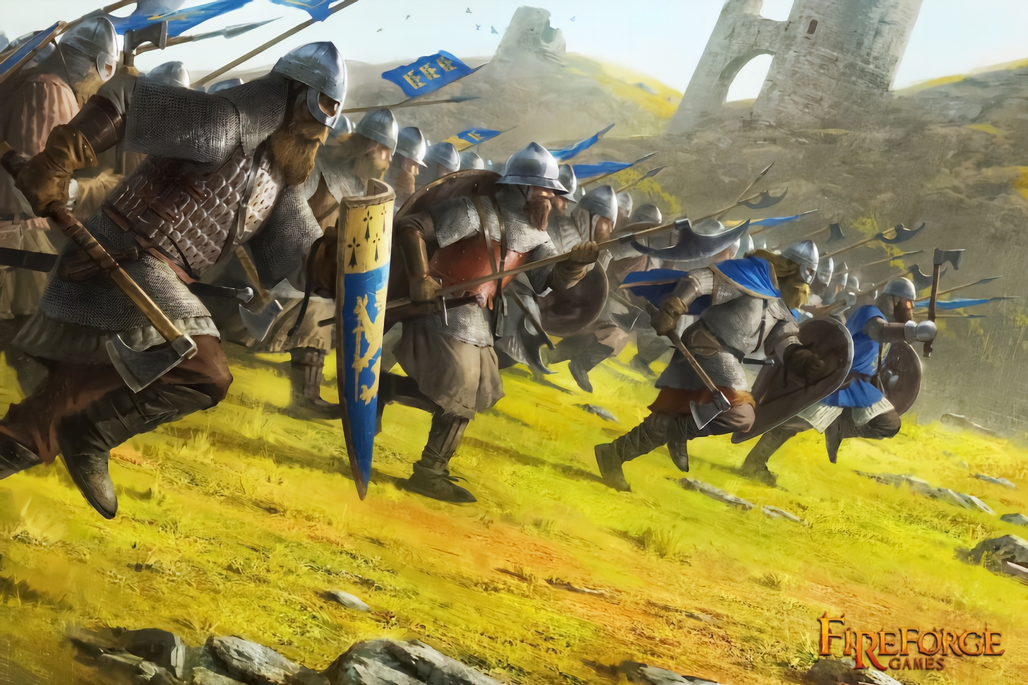 General 2000x1334 digital art warrior knight army video game art landscape men armor shield running axes flag helmet video games ameeeeba