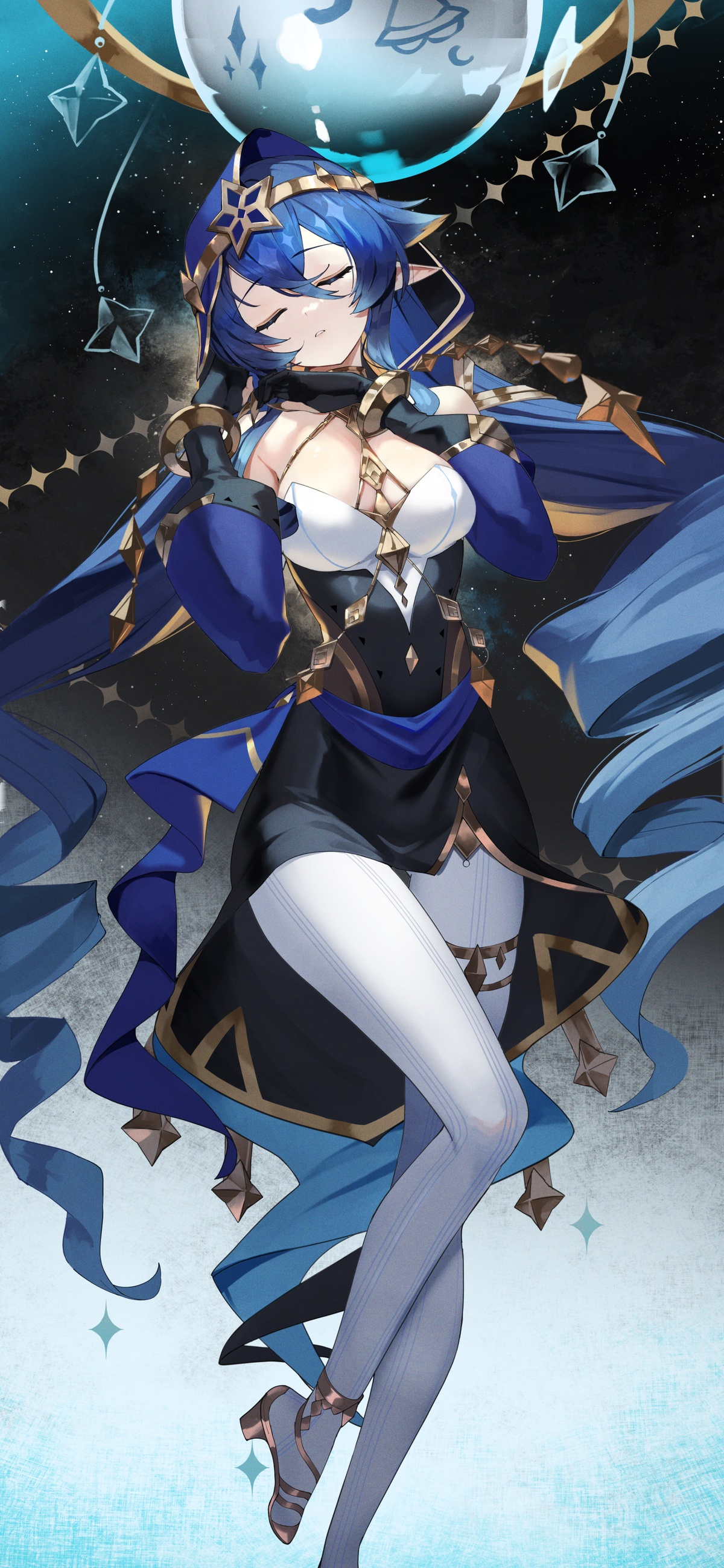 Anime 1200x2598 anime anime girls Layla (Genshin Impact) Genshin Impact twintails gradient hair two tone hair hair between eyes heels closed eyes parted lips gloves black gloves portrait display long hair pointy ears tailcoat pointed toes stars Sukocchi blue hair