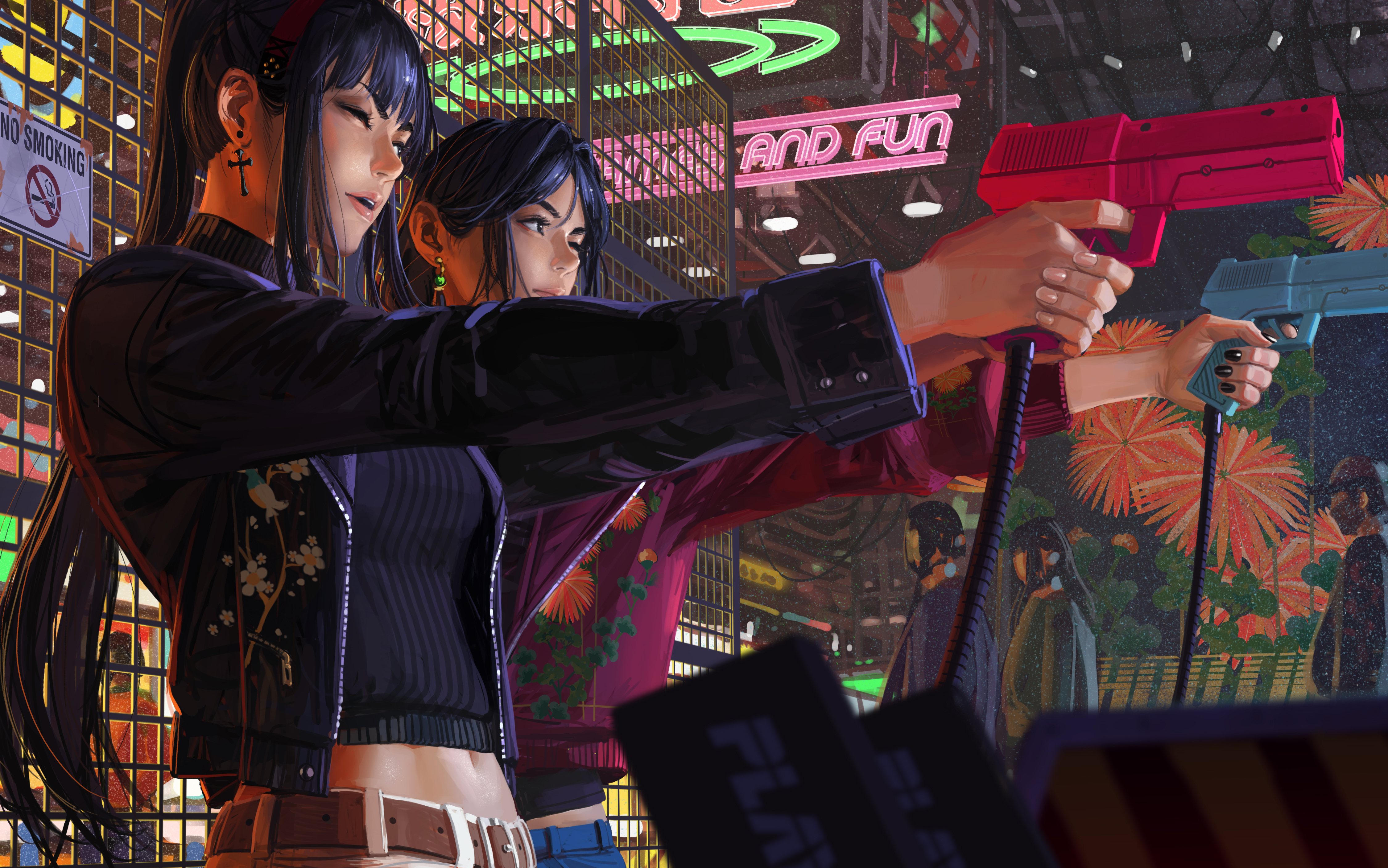General 4500x2815 GUWEIZ artwork drawing 2D jacket ponytail digital art original characters aiming women girls with guns arcade  one eye closed long hair earring bare midriff parted lips gun belt signs painted nails black nails fence Irena (OC) Yin (OC)