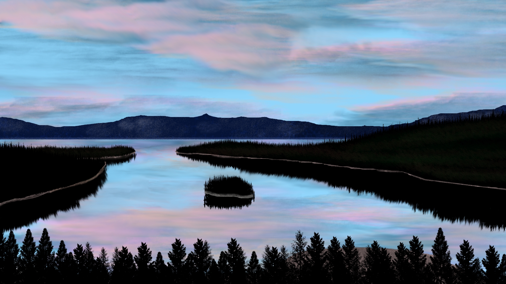 General 1920x1080 digital painting digital art nature landscape sky clouds water reflection trees
